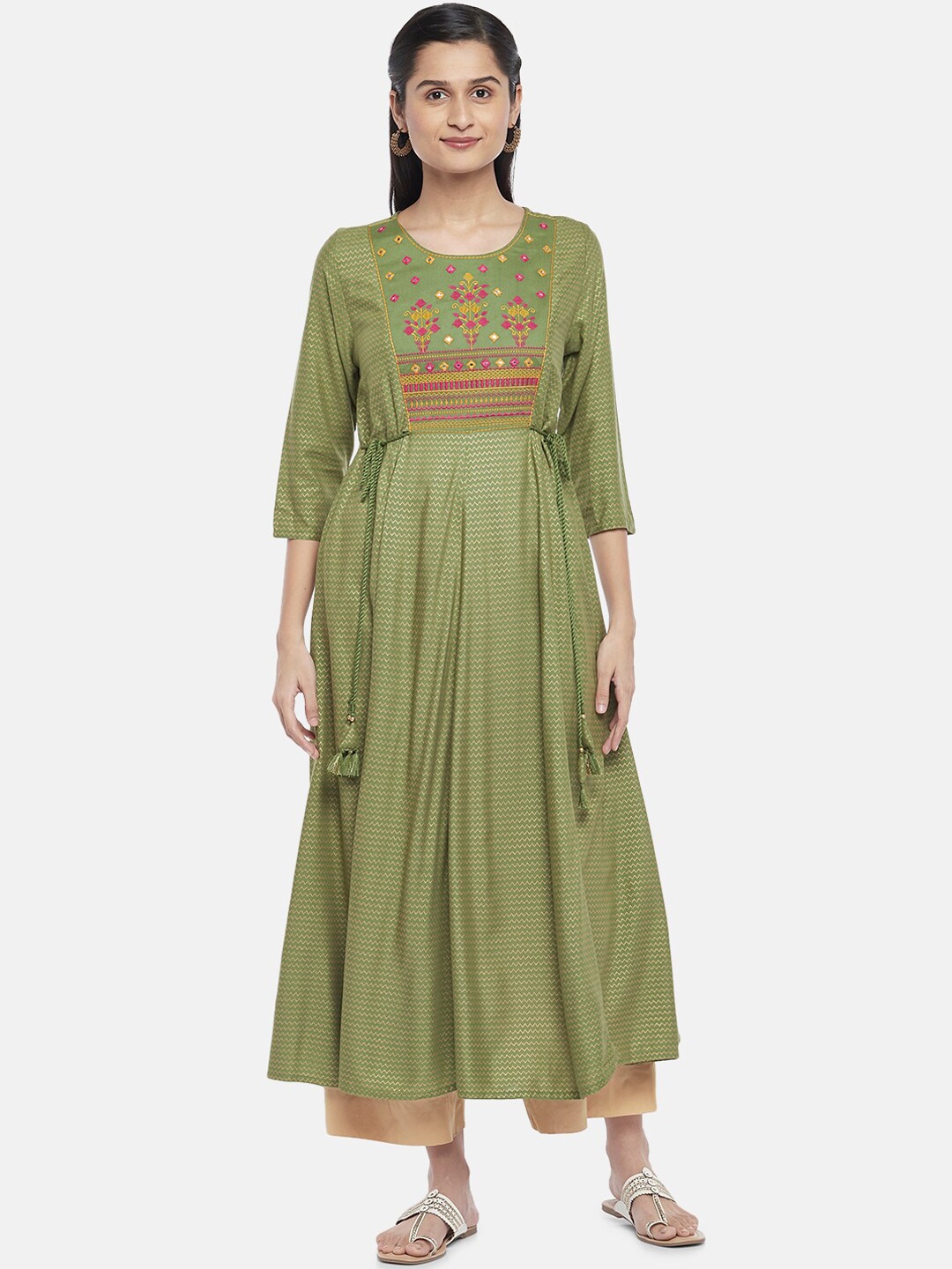 

RANGMANCH BY PANTALOONS Women Green Ethnic Motifs Embroidered Anarkali Kurta