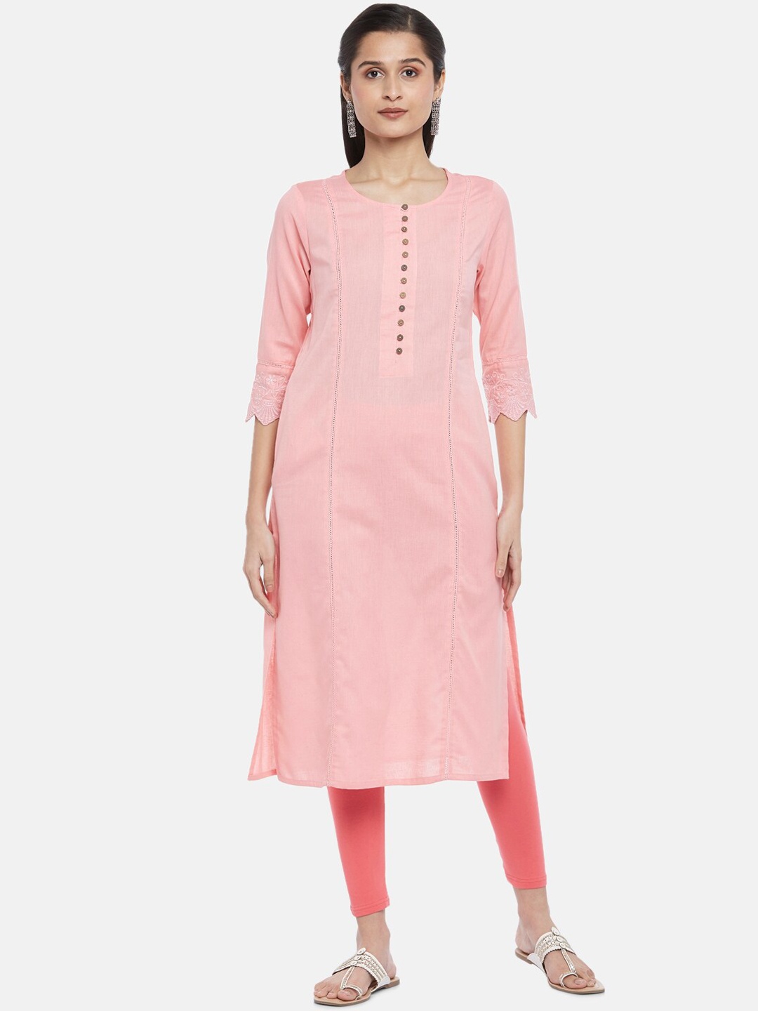 

RANGMANCH BY PANTALOONS Women Coral Pink Pure Cotton Kurta