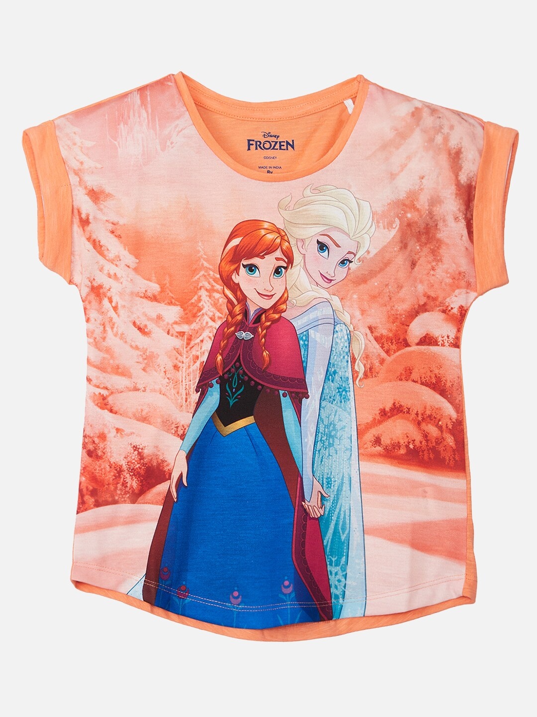 

Kids Ville Girls Peach-Coloured Frozen Printed Extended Sleeves Pure Cotton T-shirt