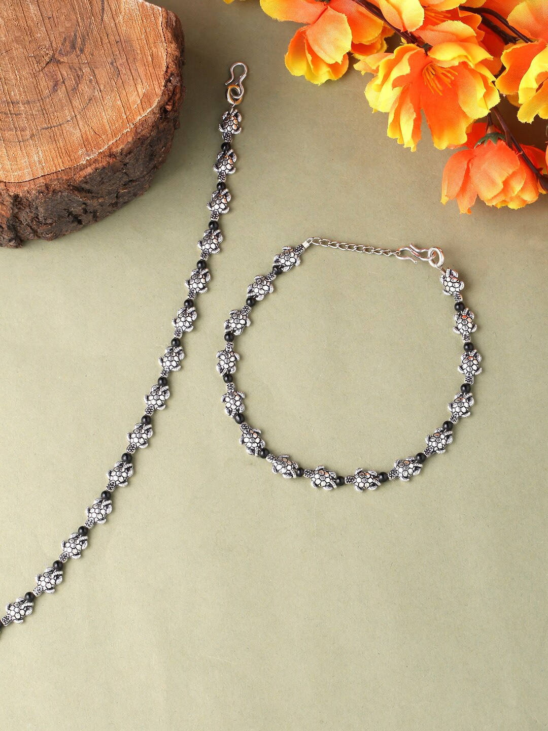 

VIRAASI Set of 2 Silver-Toned Oxidised Textured Good Luck Anklets