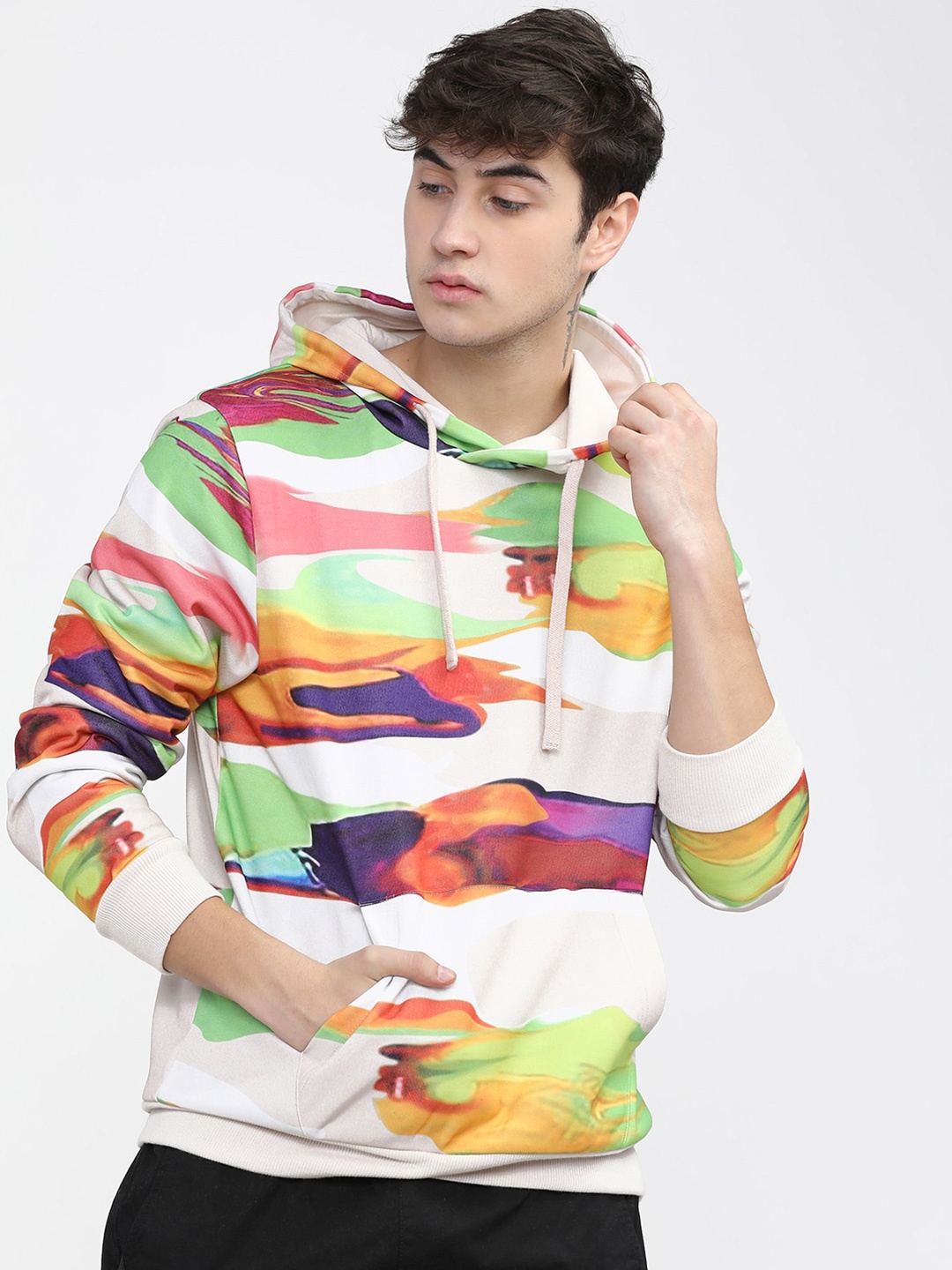 

HIGHLANDER Men Cream-Coloured & Green Printed Hooded Sweatshirt