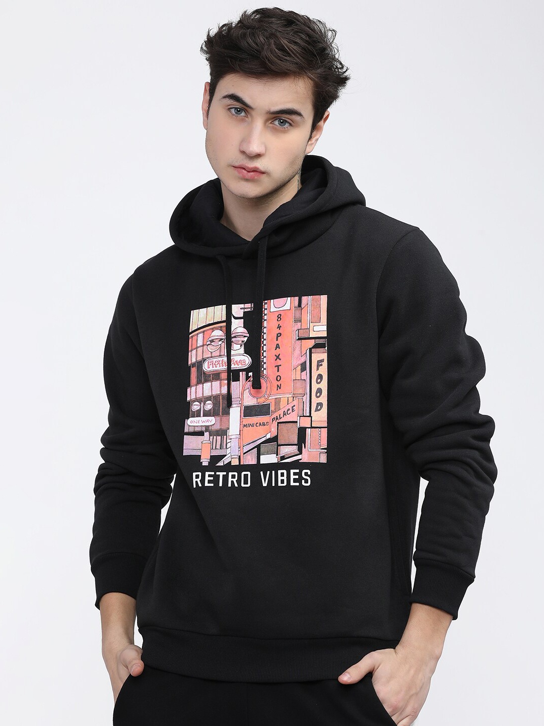 

HIGHLANDER Men Black & Pink Printed Hooded Sweatshirt