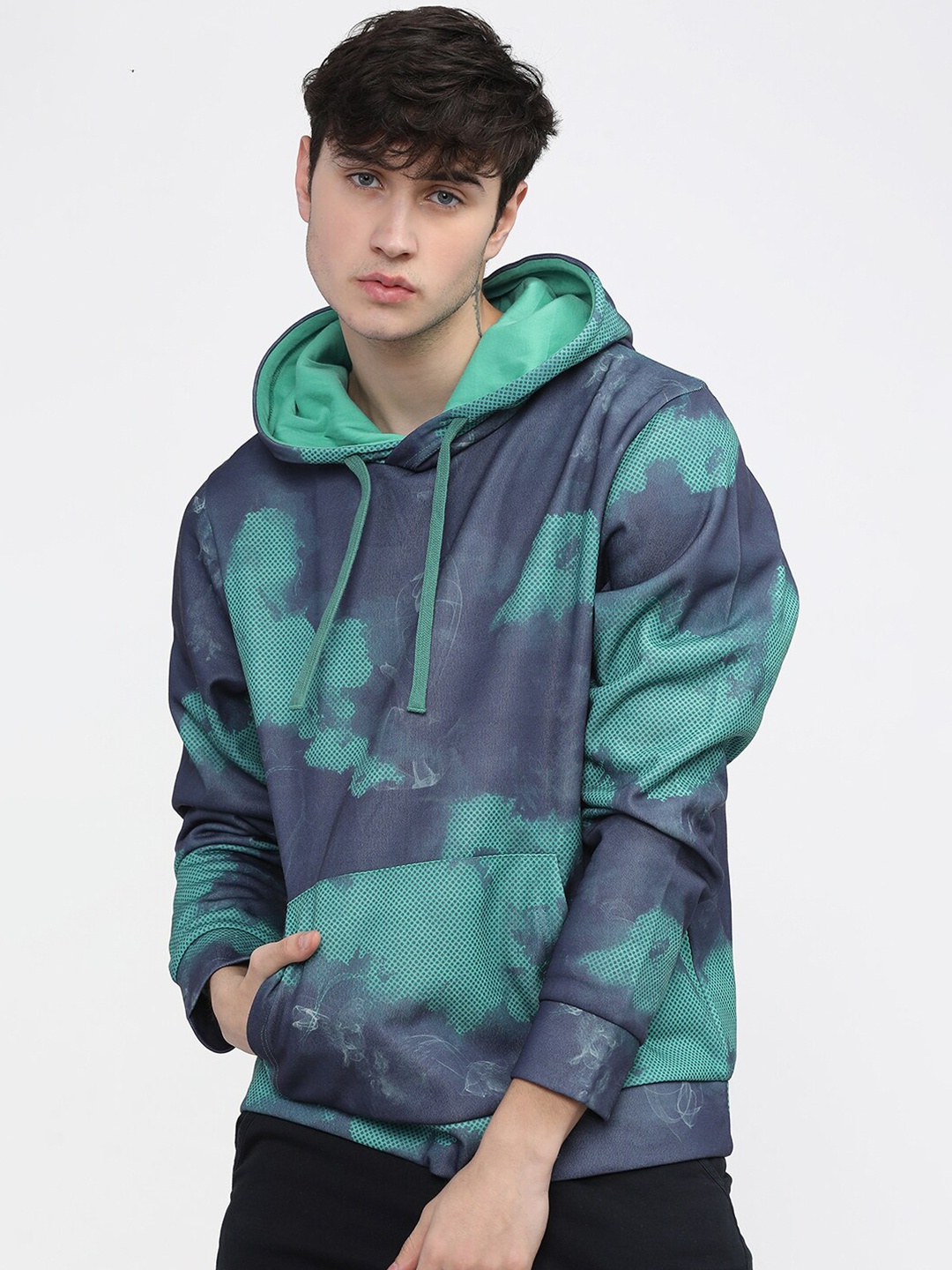 

HIGHLANDER Men Navy Blue & Green Printed Hooded Sweatshirt