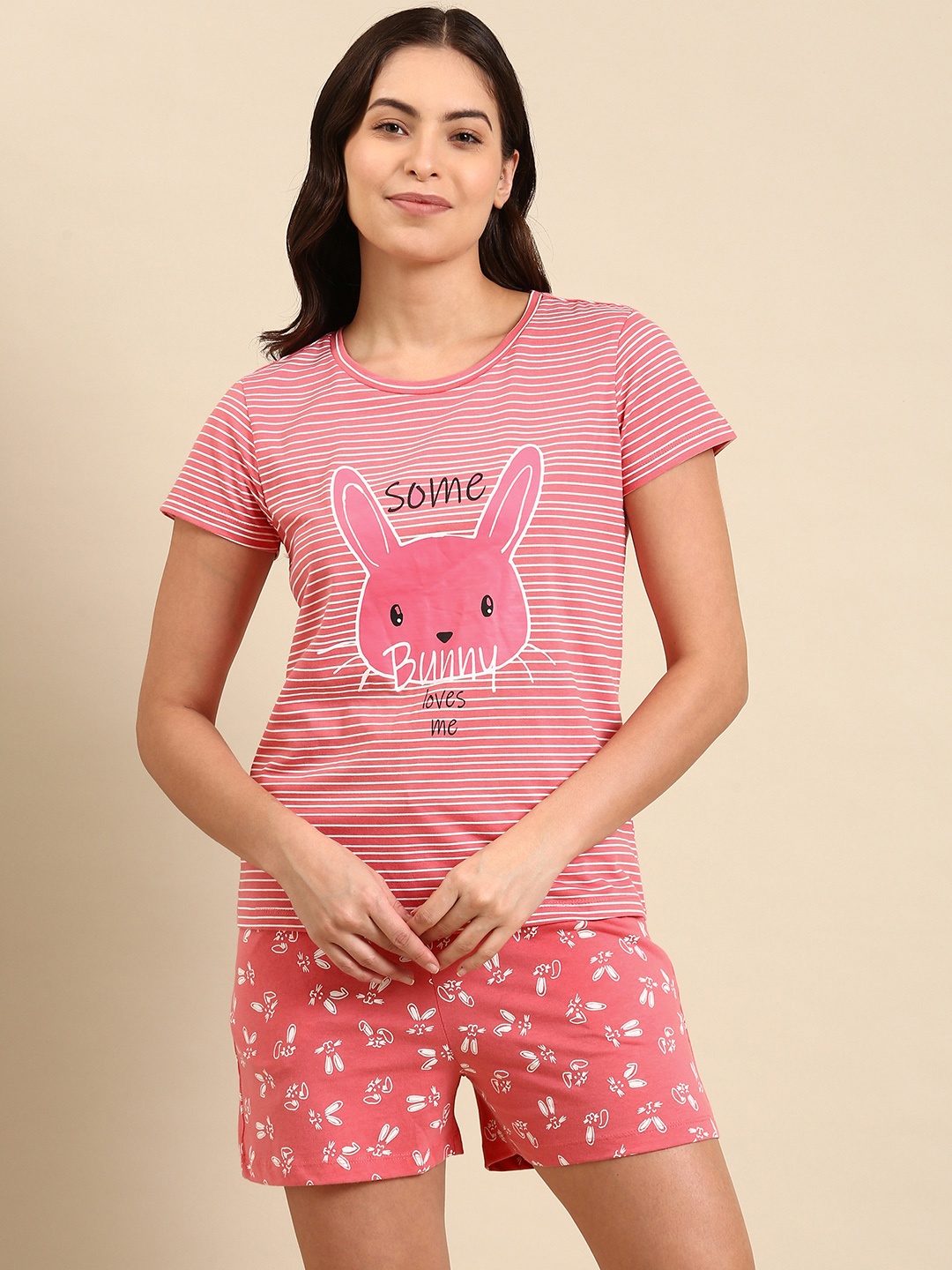 

Dreamz by Pantaloons Women Coral & White Printed Pure Cotton Night suit