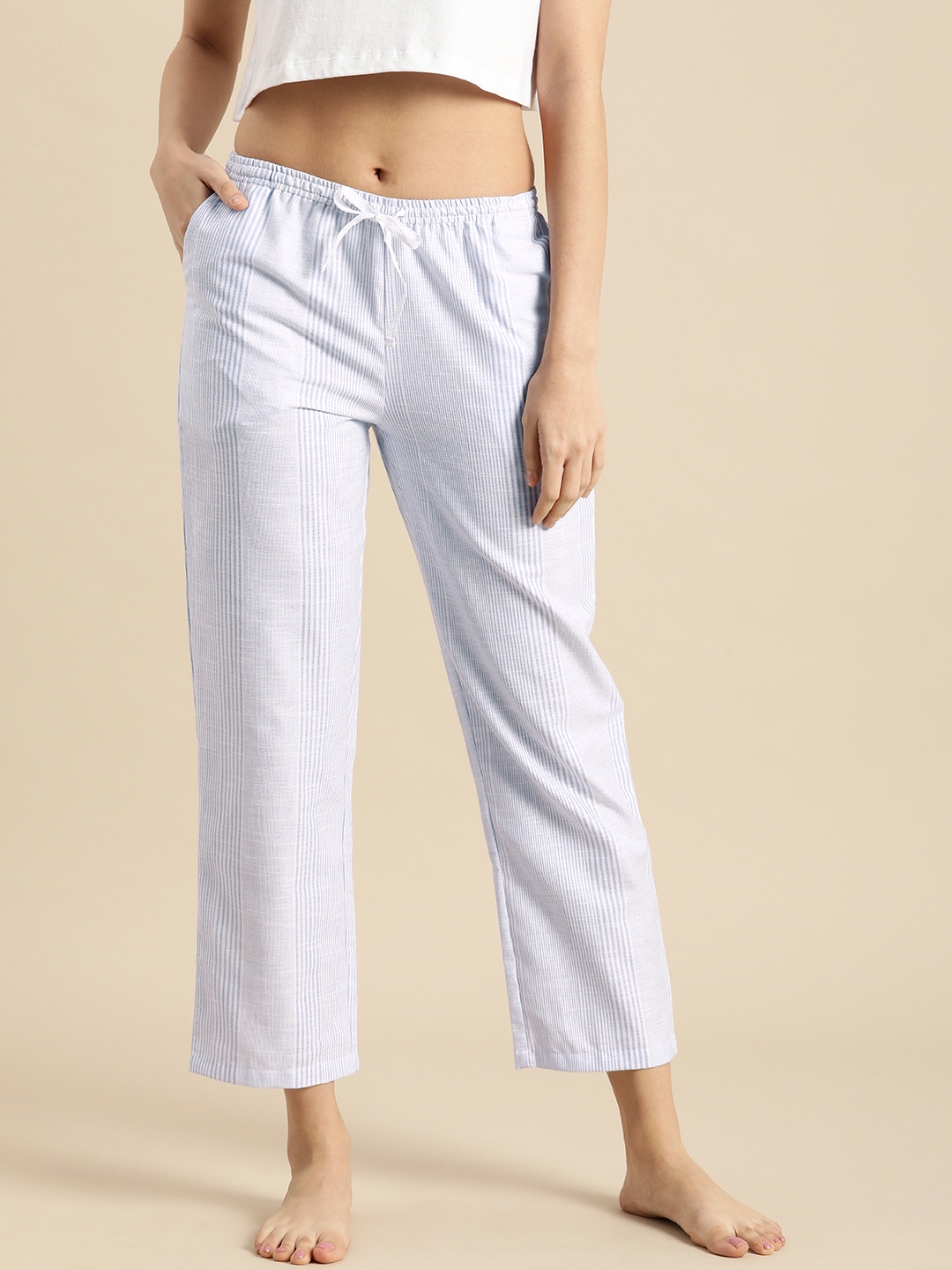 

Dreamz by Pantaloons Women Blue & White Mid-Rise Striped Lounge Pants