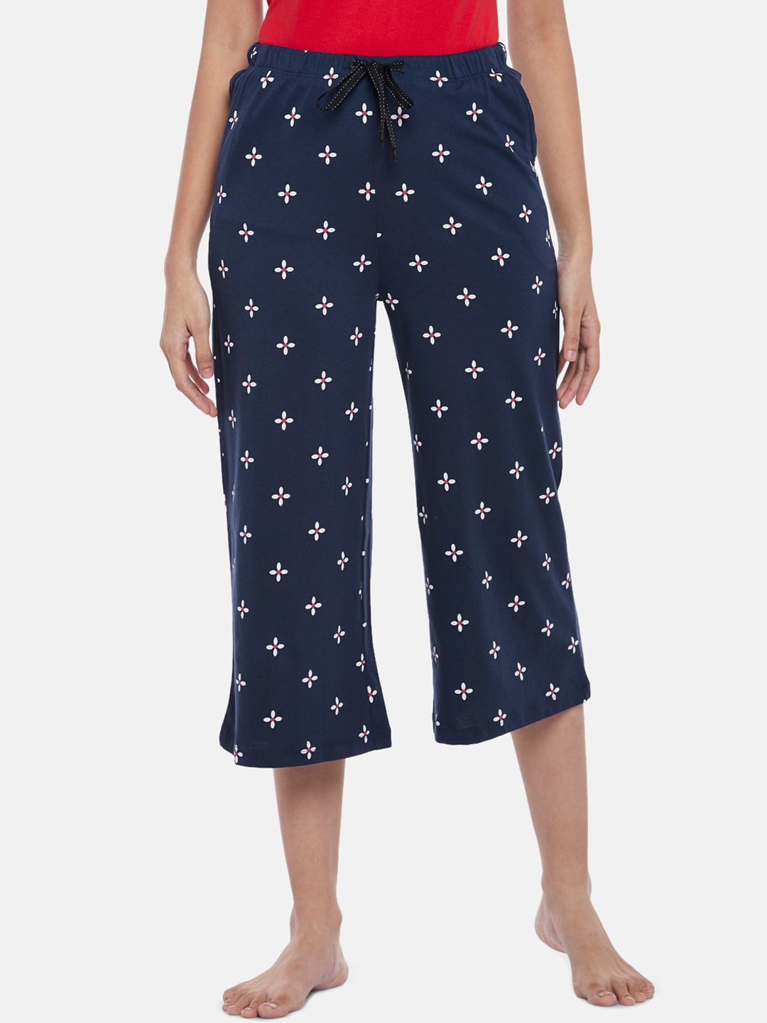 

Dreamz by Pantaloons Women Navy Blue Printed Three-Fourth Length Cotton Lounge Pants