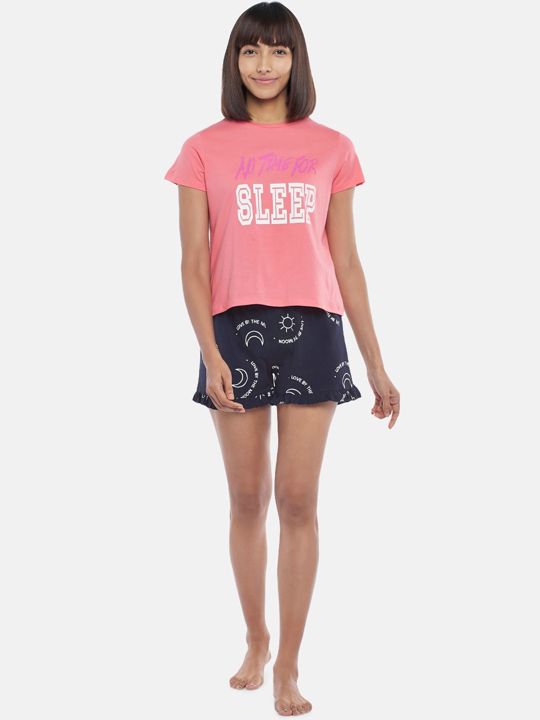 

People Women Pink & Blue Printed Pure Cotton Night suit