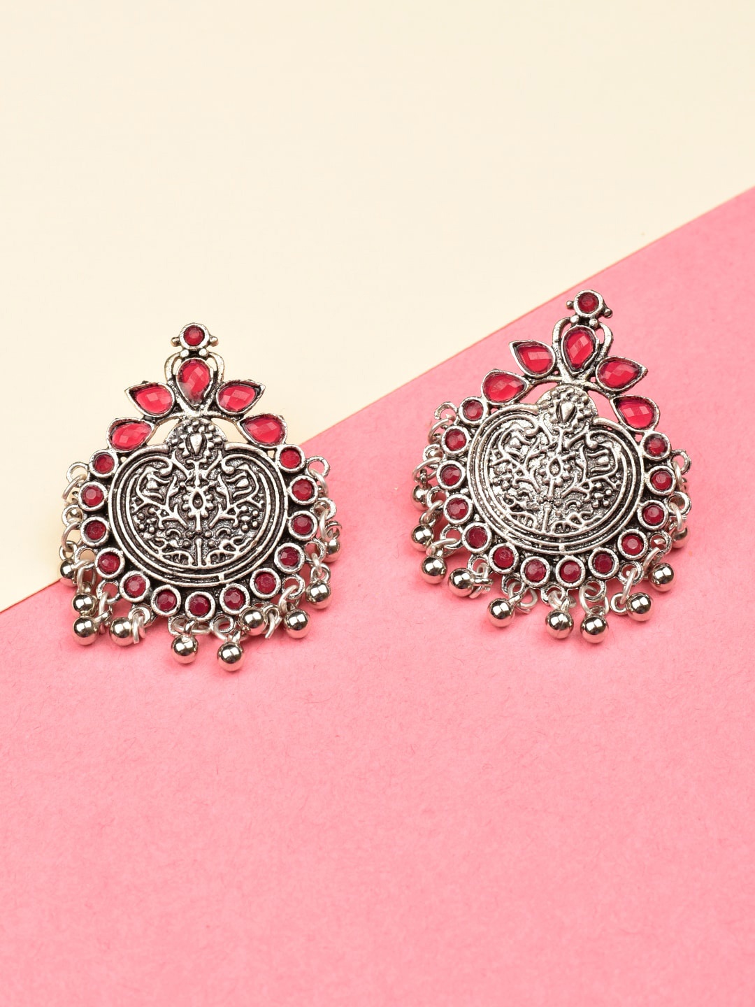 

Indi INSIDE Silver-Toned & Red Contemporary Drop Earrings