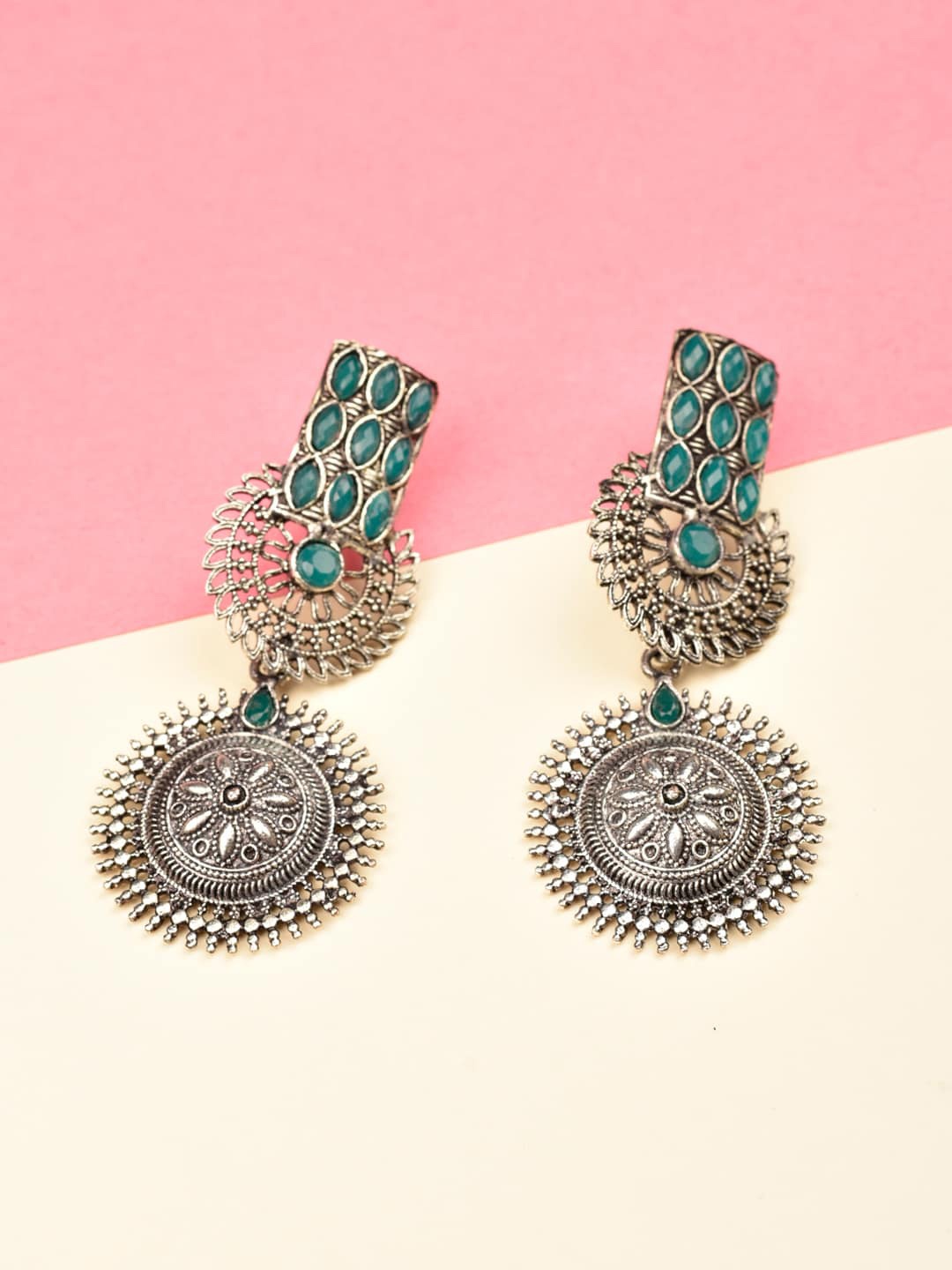 

Indi INSIDE Silver-Toned & Green Contemporary Oxidised Drop Earrings