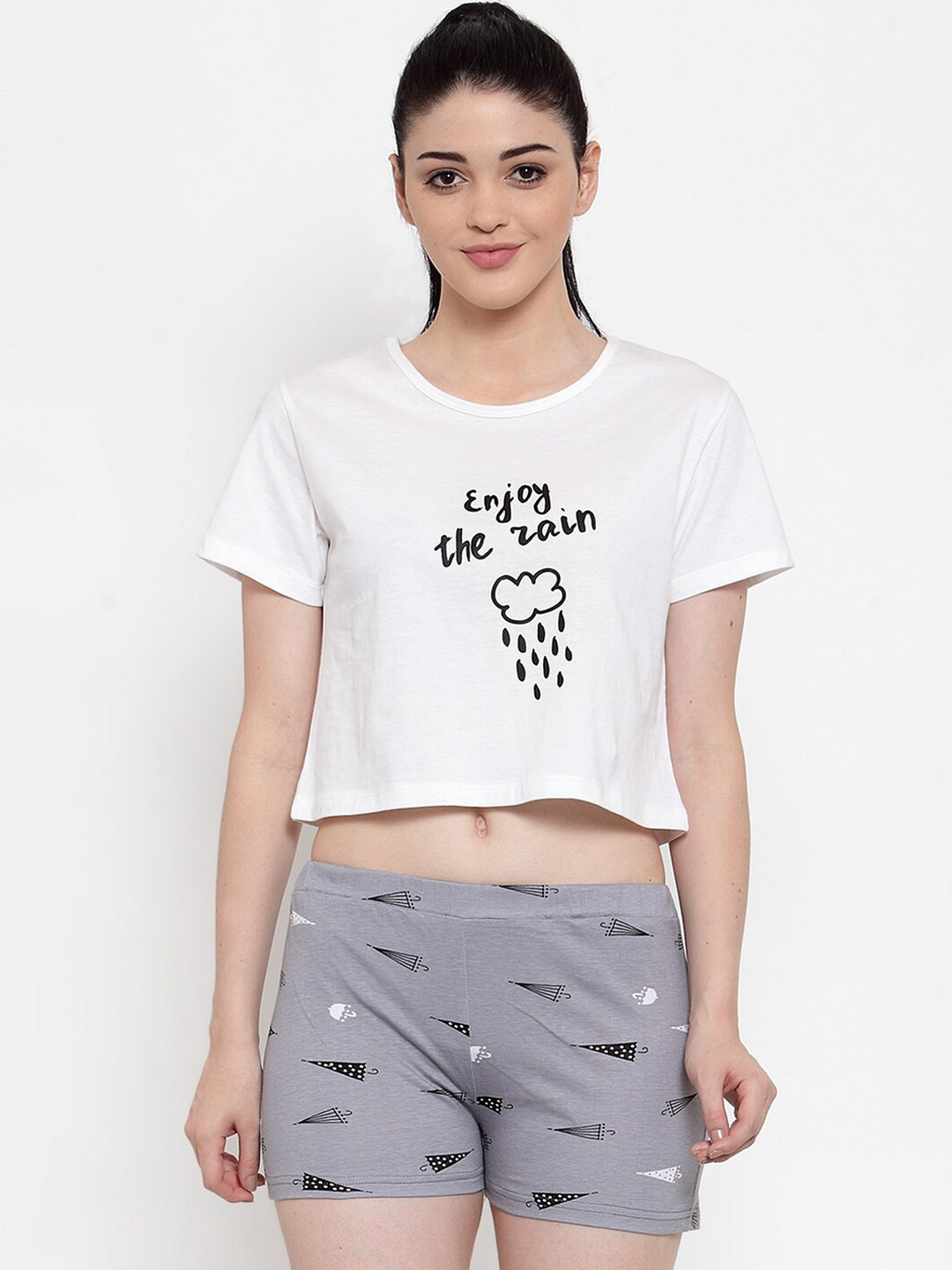 

Claura Women Grey & White Printed Pure Cotton Night suit