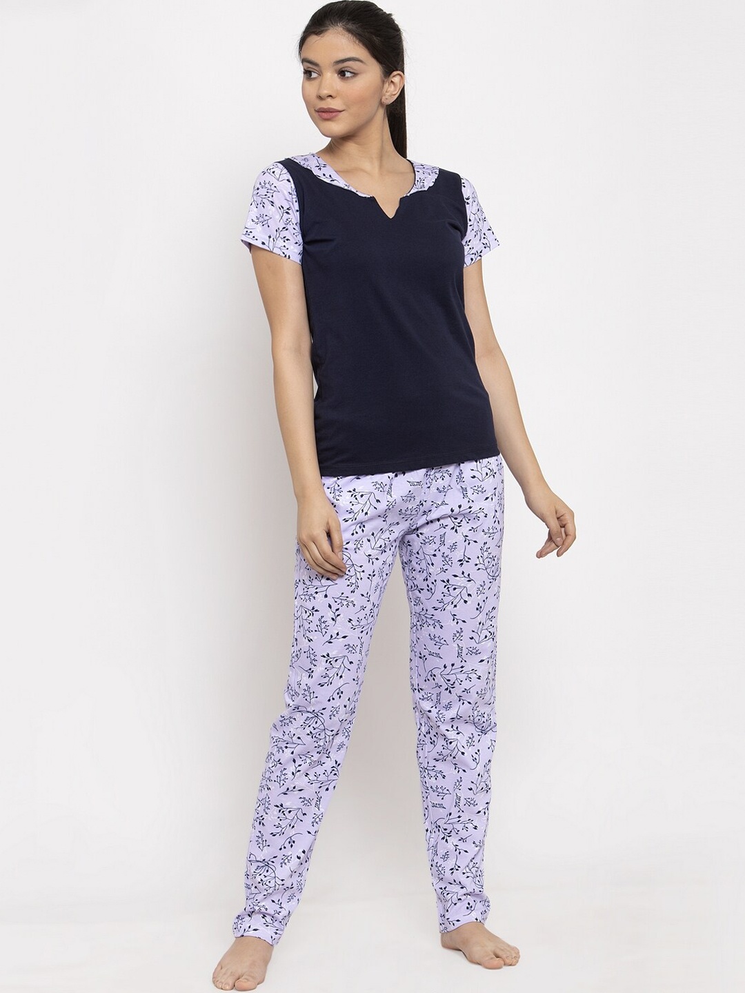 

Claura Women Purple & Navy Blue Pure Cotton Night suit