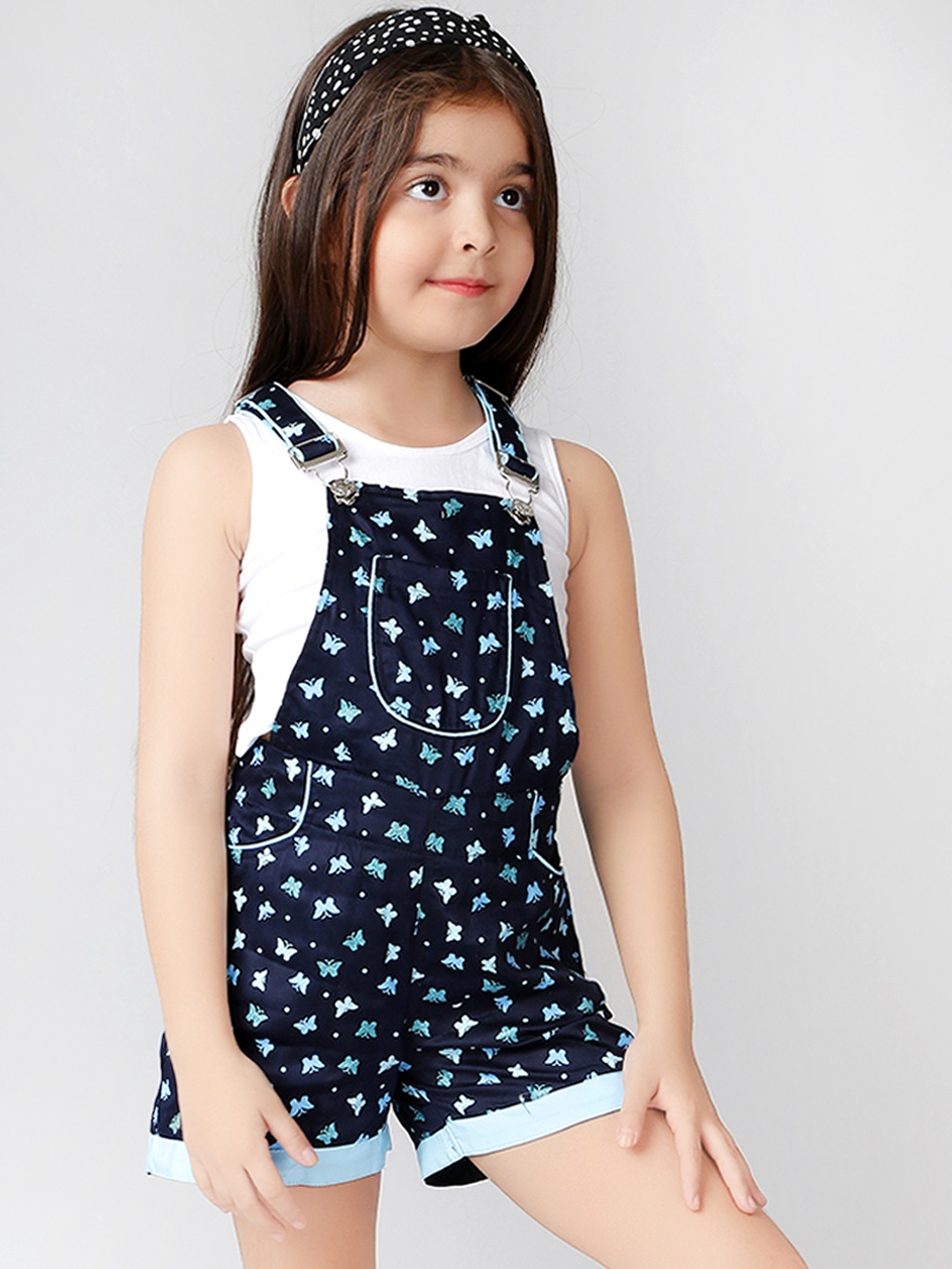 

Naughty Ninos Girls Navy Blue & White Pure Cotton T-shirt with Dungaree