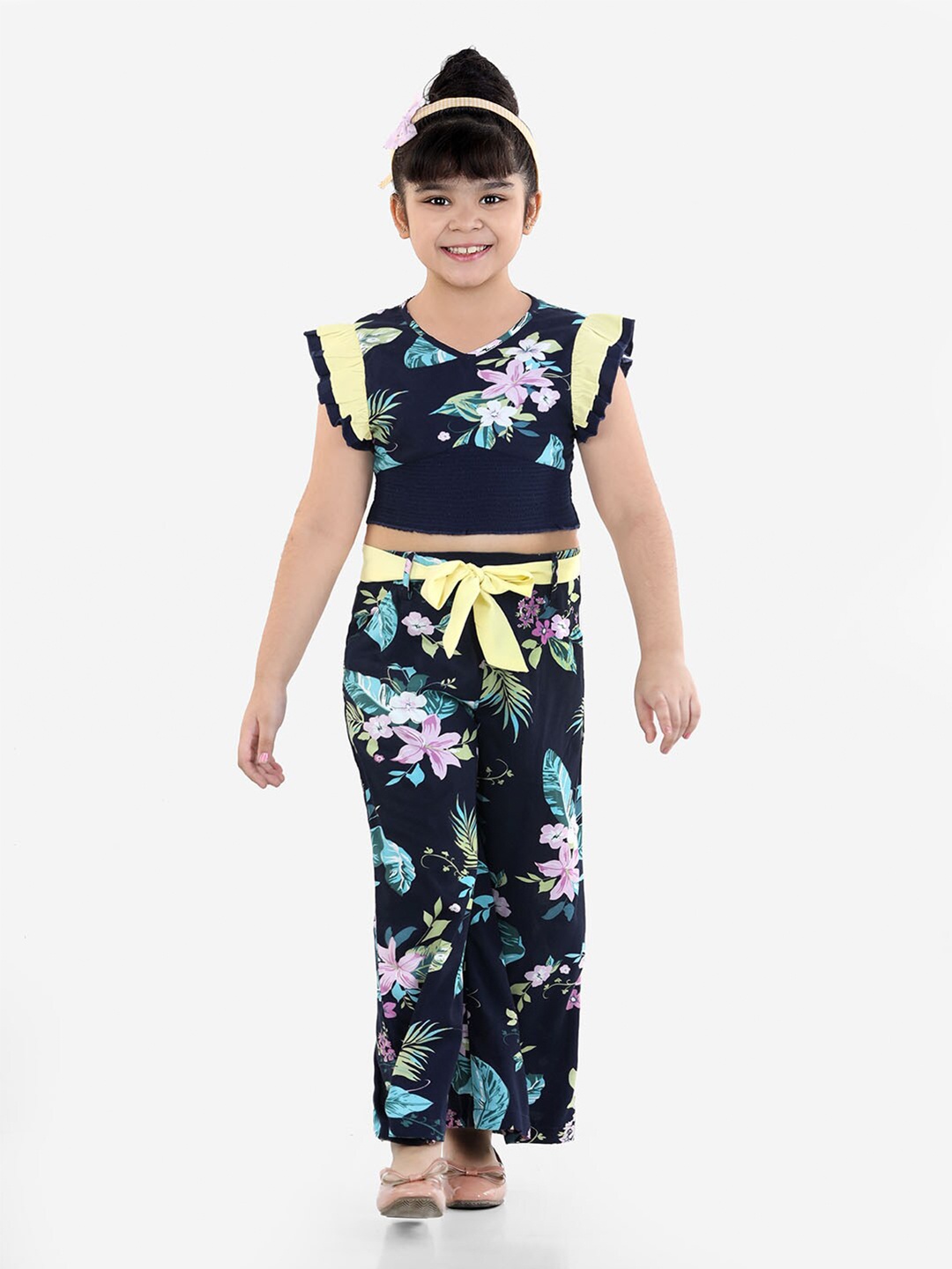 

Naughty Ninos Girls Navy Blue & Green Printed Top with Palazzos