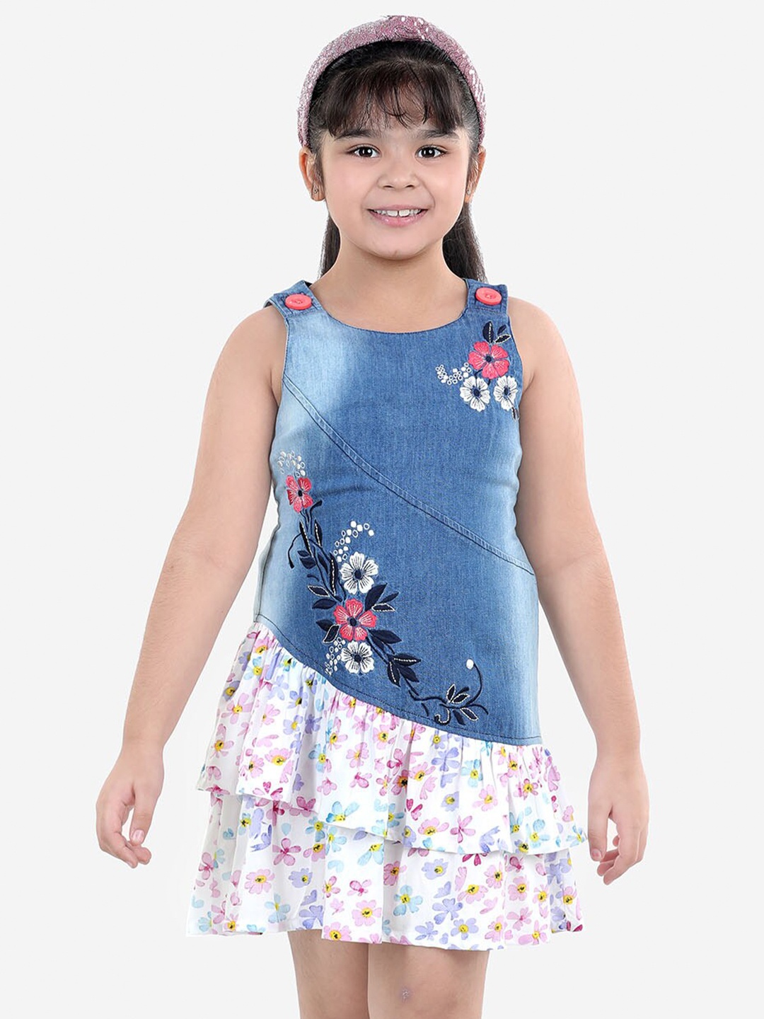 

Naughty Ninos Girls Blue & White Floral Layered Drop-Waist Mini Dress