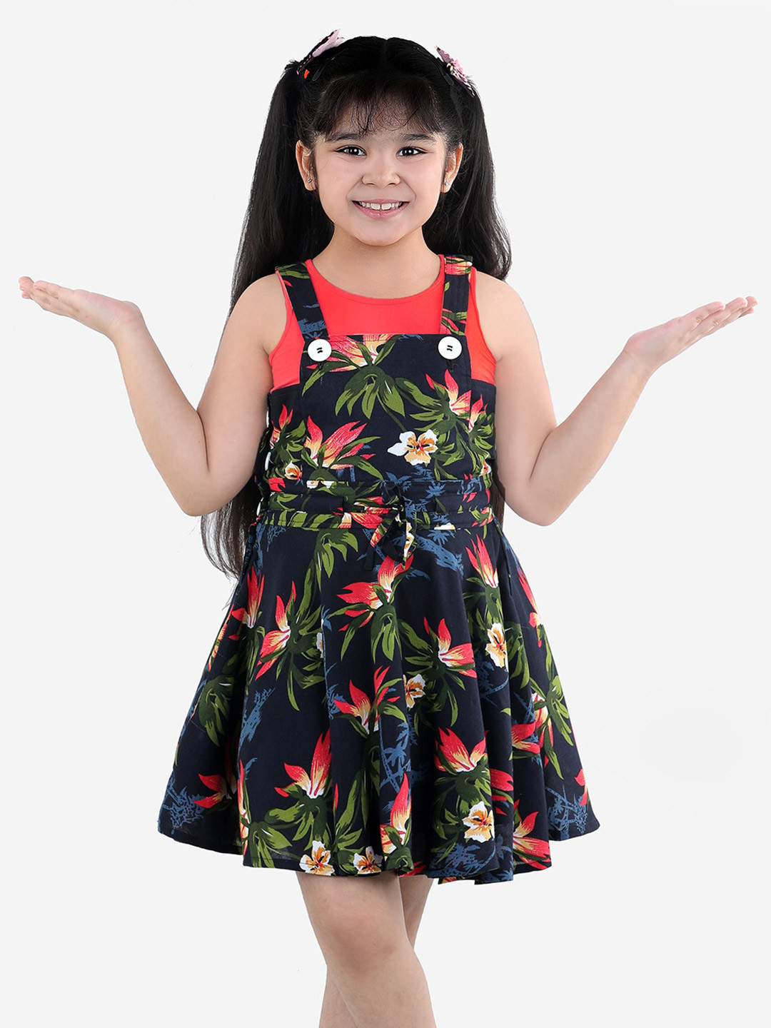

Naughty Ninos Girls Navy Blue & Green Floral Pinafore Dress