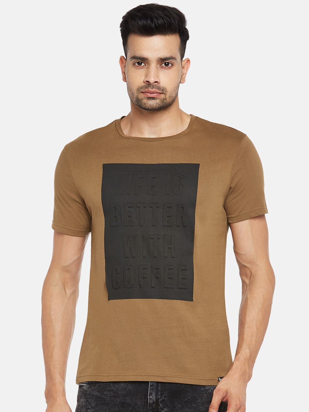 

People Men Olive Green Printed Extended Sleeves Pockets T-shirt