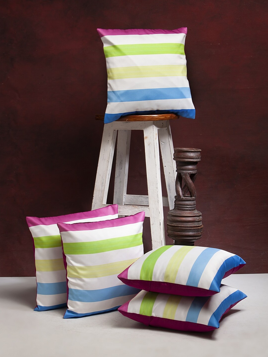 

HOSTA HOMES White & Pink Set of 5 Striped Velvet Square Cushion Covers