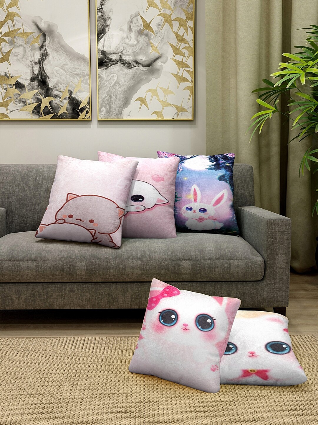 

HOSTA HOMES Pink & Blue Set of 5 Cartoon Characters Velvet Square Cushion Covers