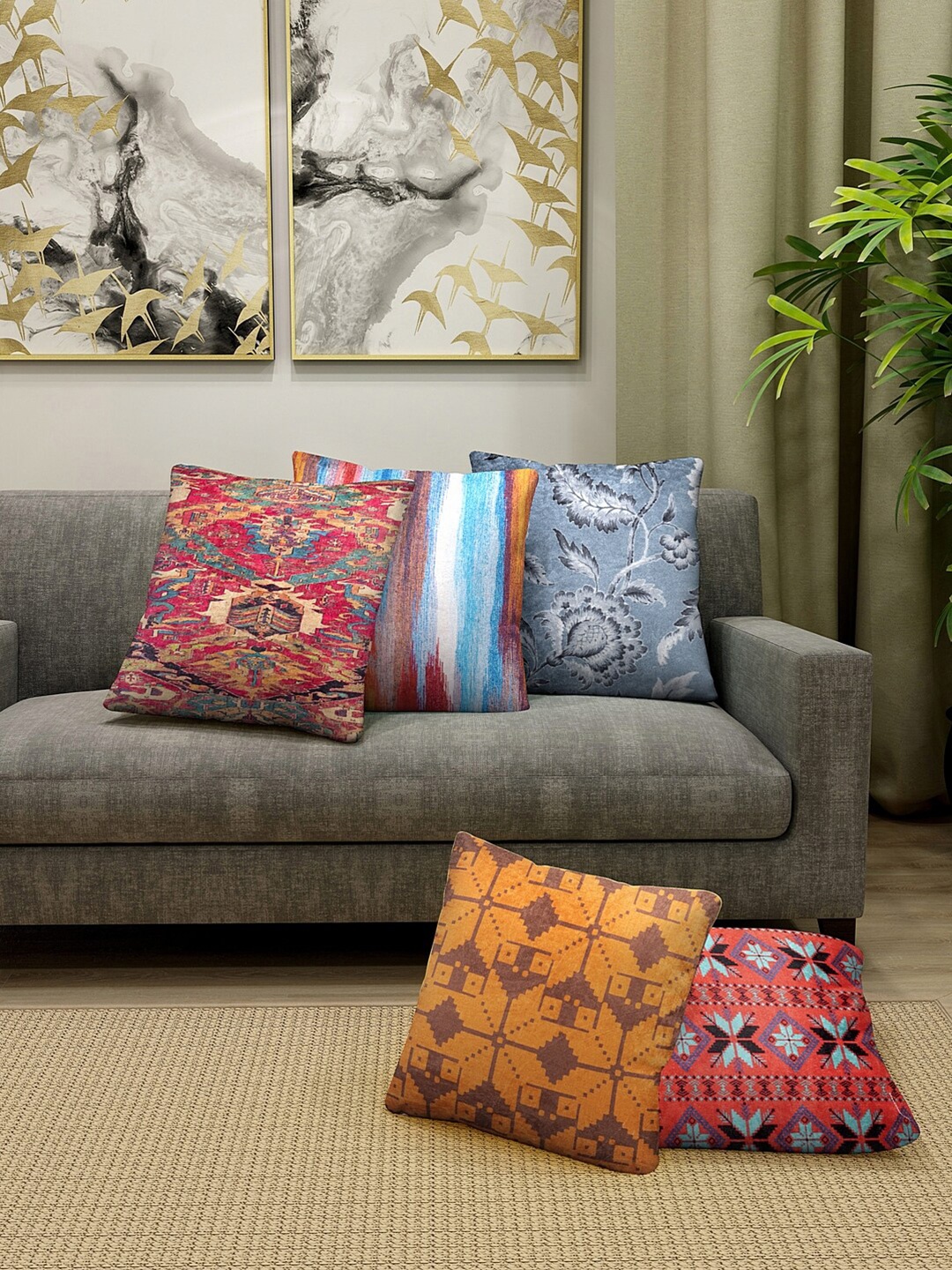 

HOSTA HOMES Set of 5 Multicoloured Floral Velvet Square Cushion Covers, Multi
