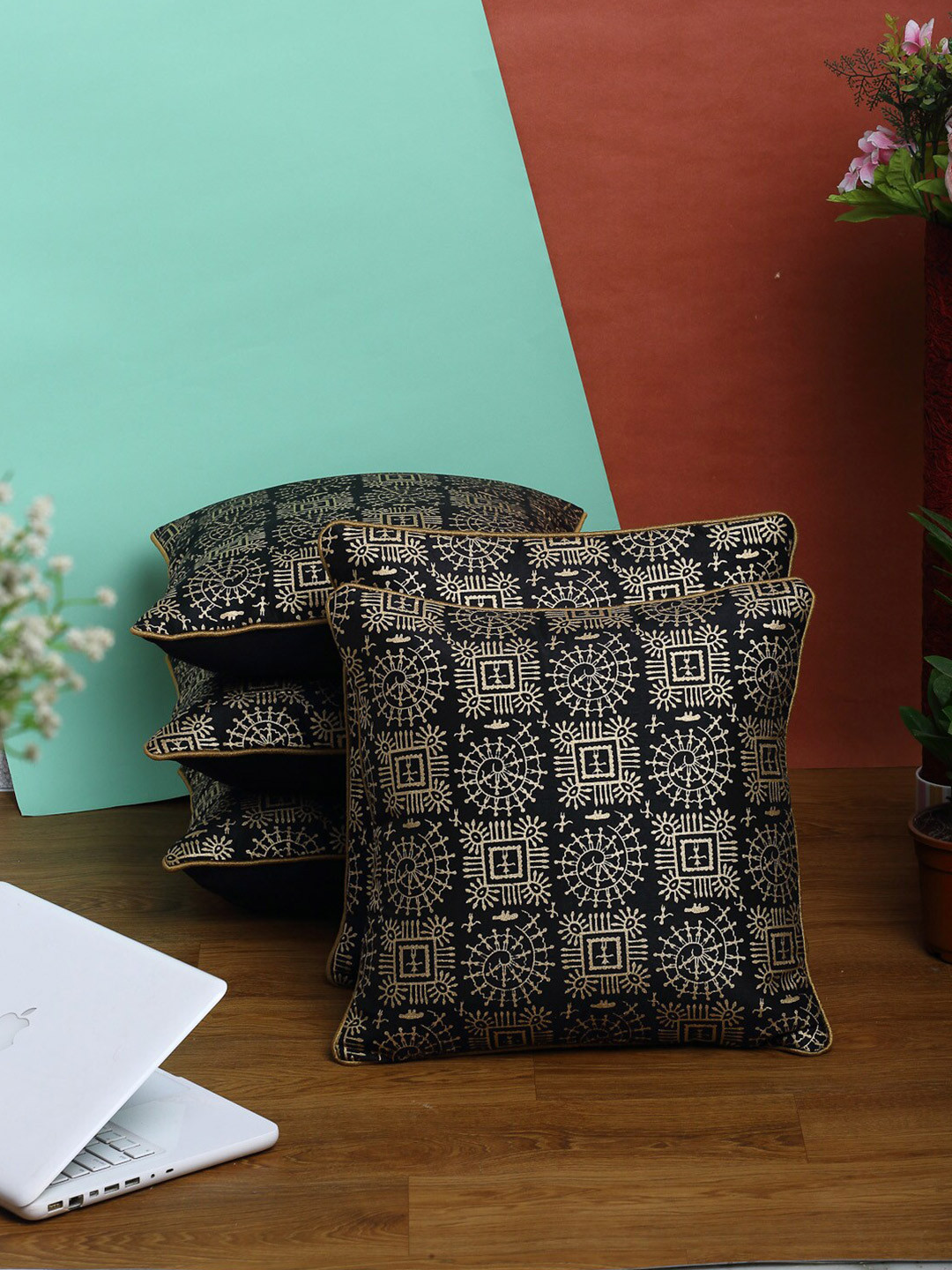 

HOSTA HOMES Set of 5 Black & Gold-Toned Ethnic Motifs Square Cushion Covers