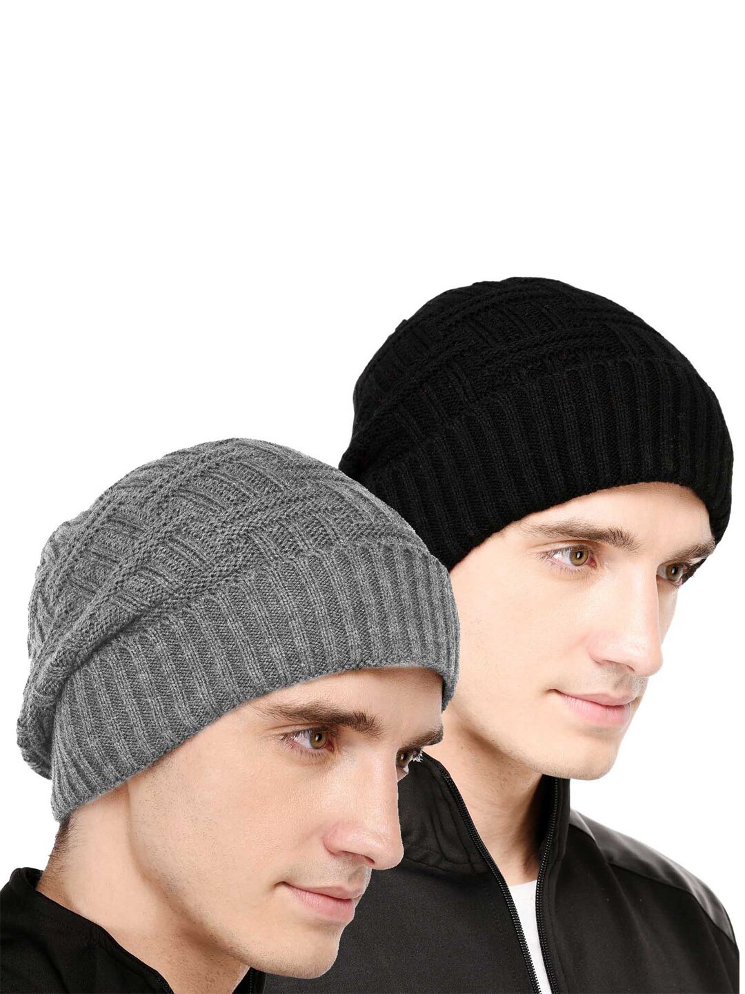 

Bharatasya Men Pack Of 2 Grey & Black Beanie