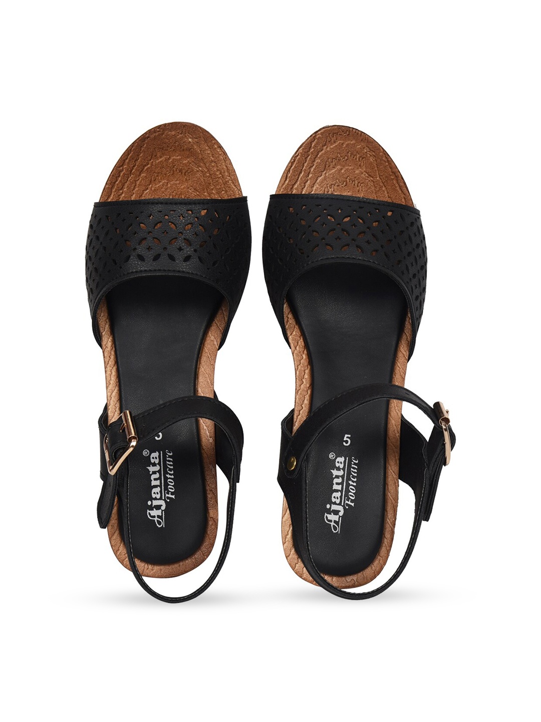 

Ajanta Black Textured Wedge Heel Sandals with Laser Cuts
