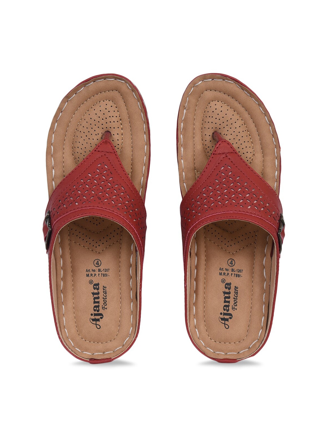 

Ajanta Women Red Textured T-Strap Flats with Laser Cuts