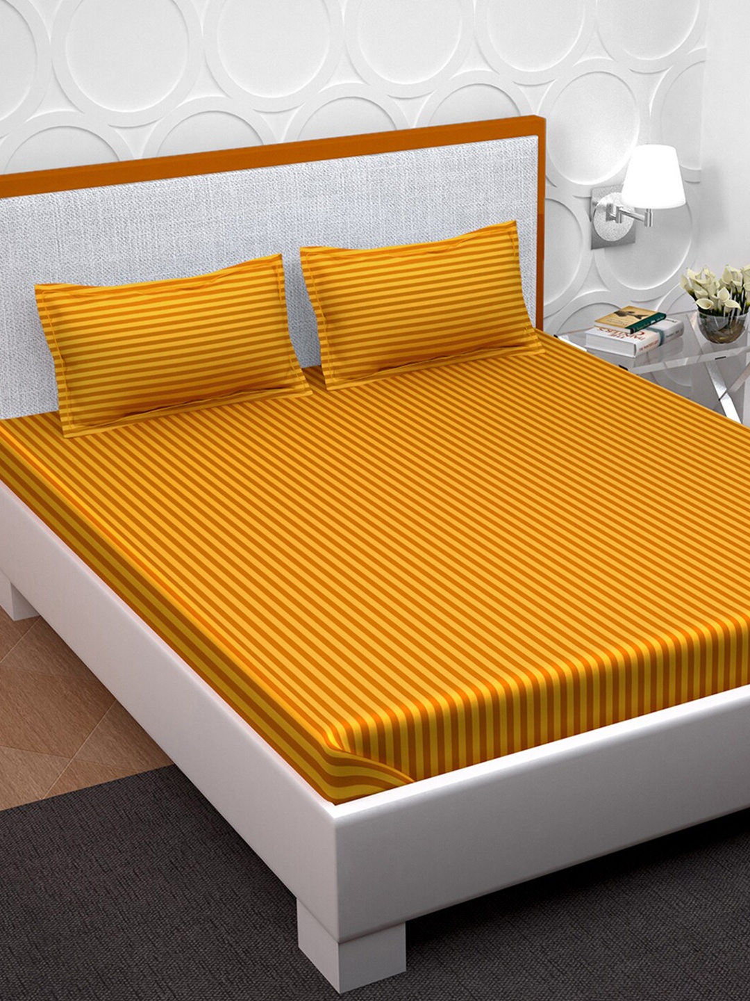 

PAVO Orange Striped 210 TC King Bedsheet with 2 Pillow Covers