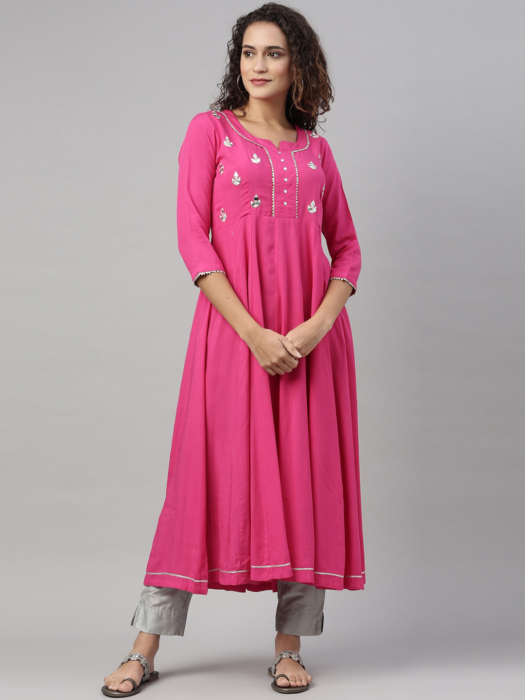 

Neerus Women Pink Yoke Design Thread Work Anarkali Kurta