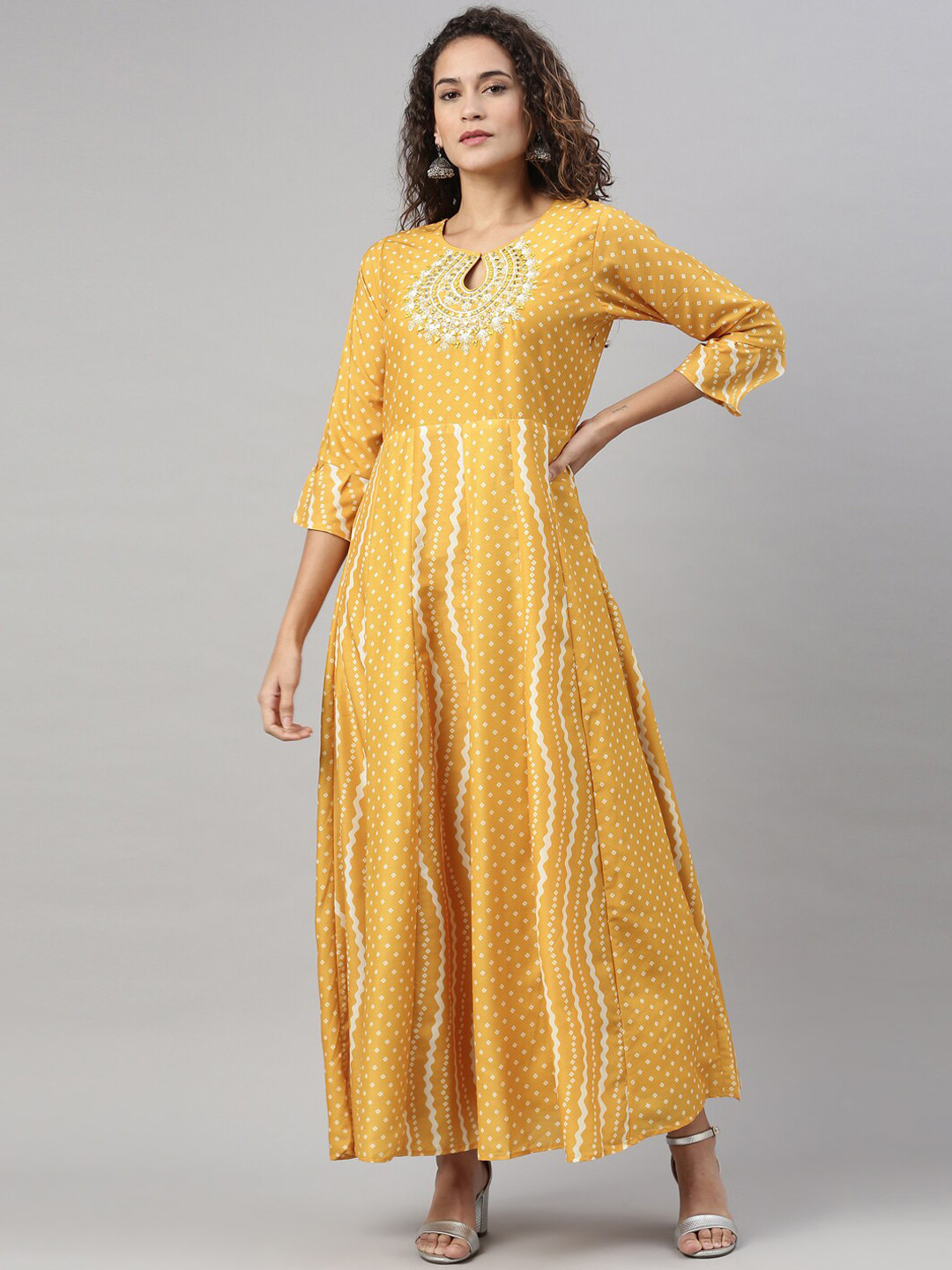 

Neerus Women Mustard Yellow Ethnic Motifs Striped Keyhole Neck Flared Sleeves Gotta Patti Anarkali Kurta