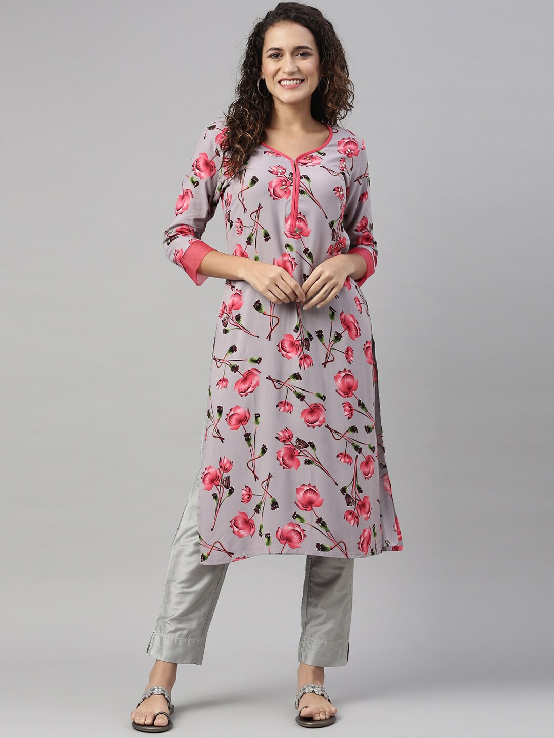 

Neerus Women Grey & Pink Floral Printed Kurta