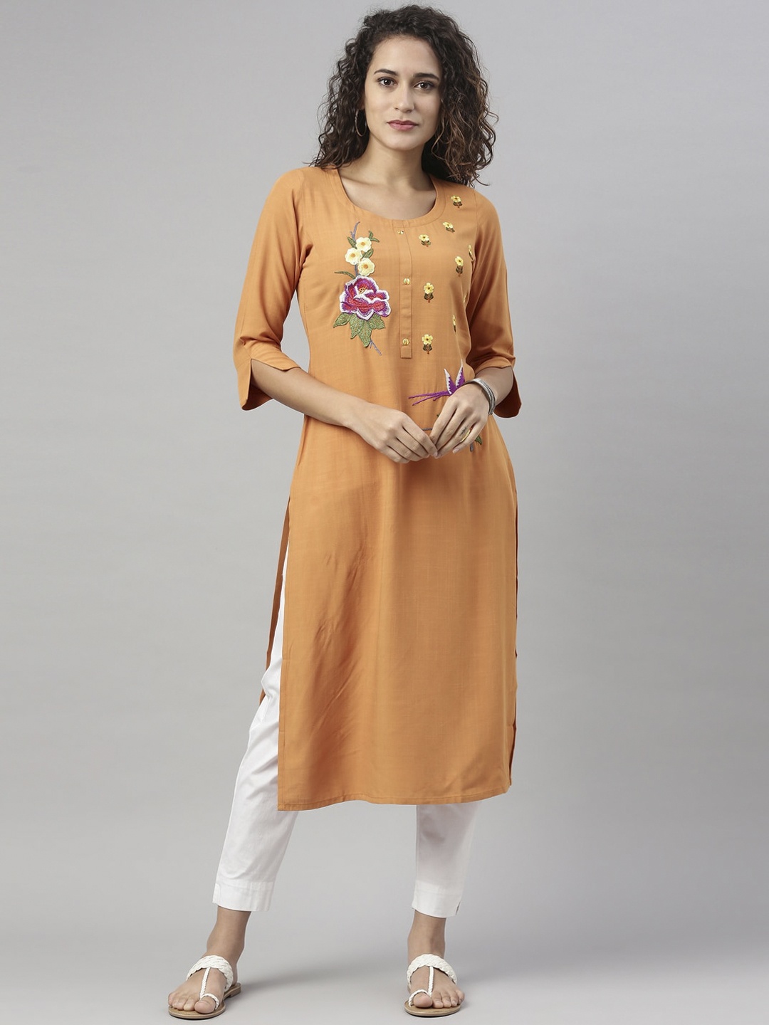 

Neerus Women Mustard Yellow Ethnic Motifs Embroidered Kurta