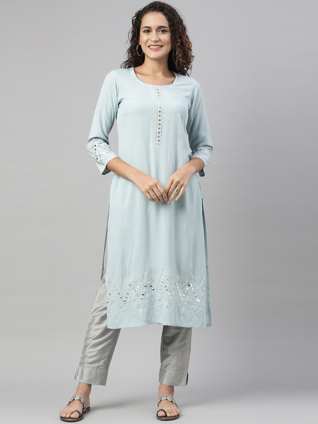 

Neerus Women Turquoise Blue Solid Kurta