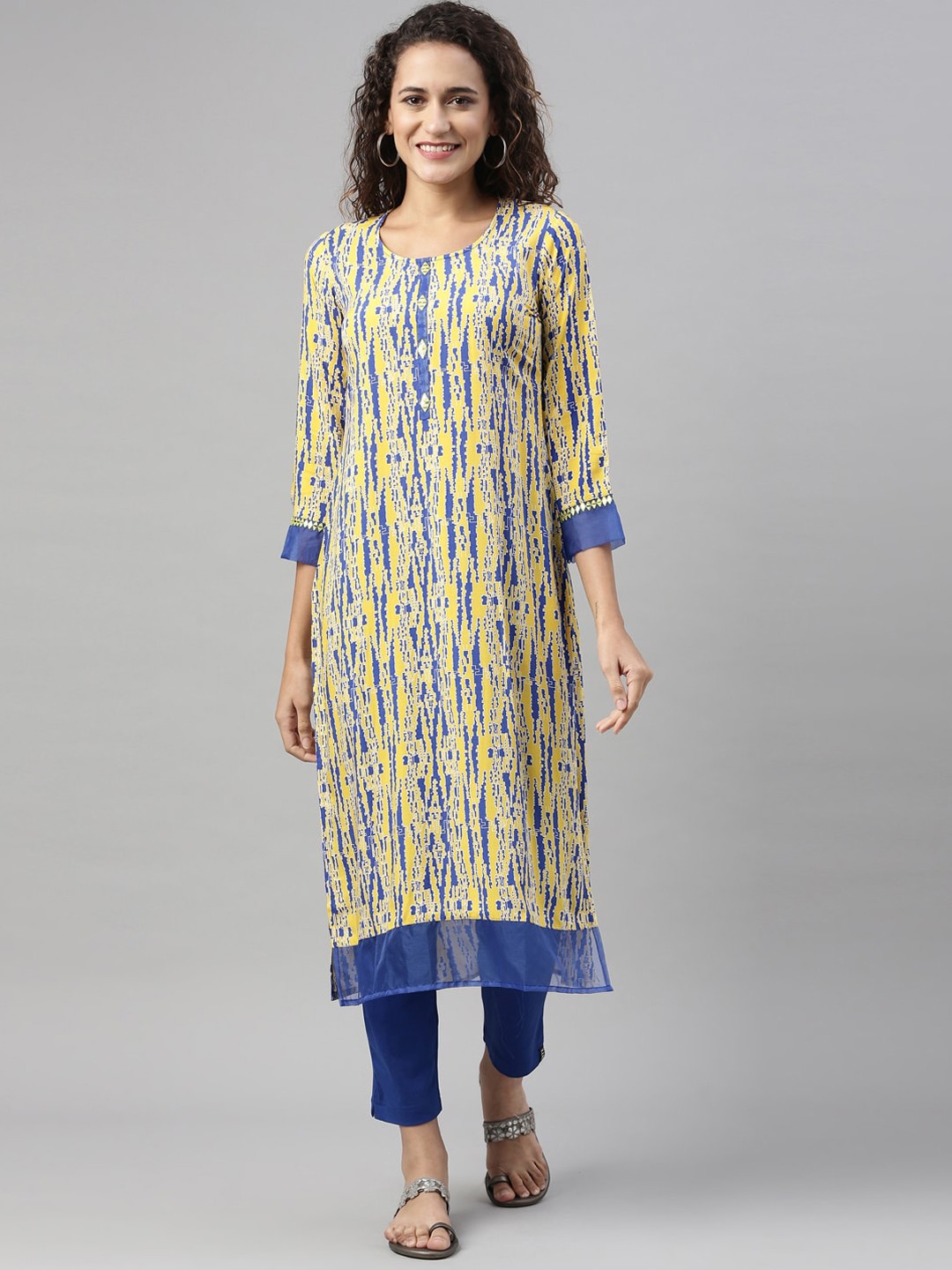 

Neerus Women Yellow Striped Keyhole Neck Mirror Work Kurta