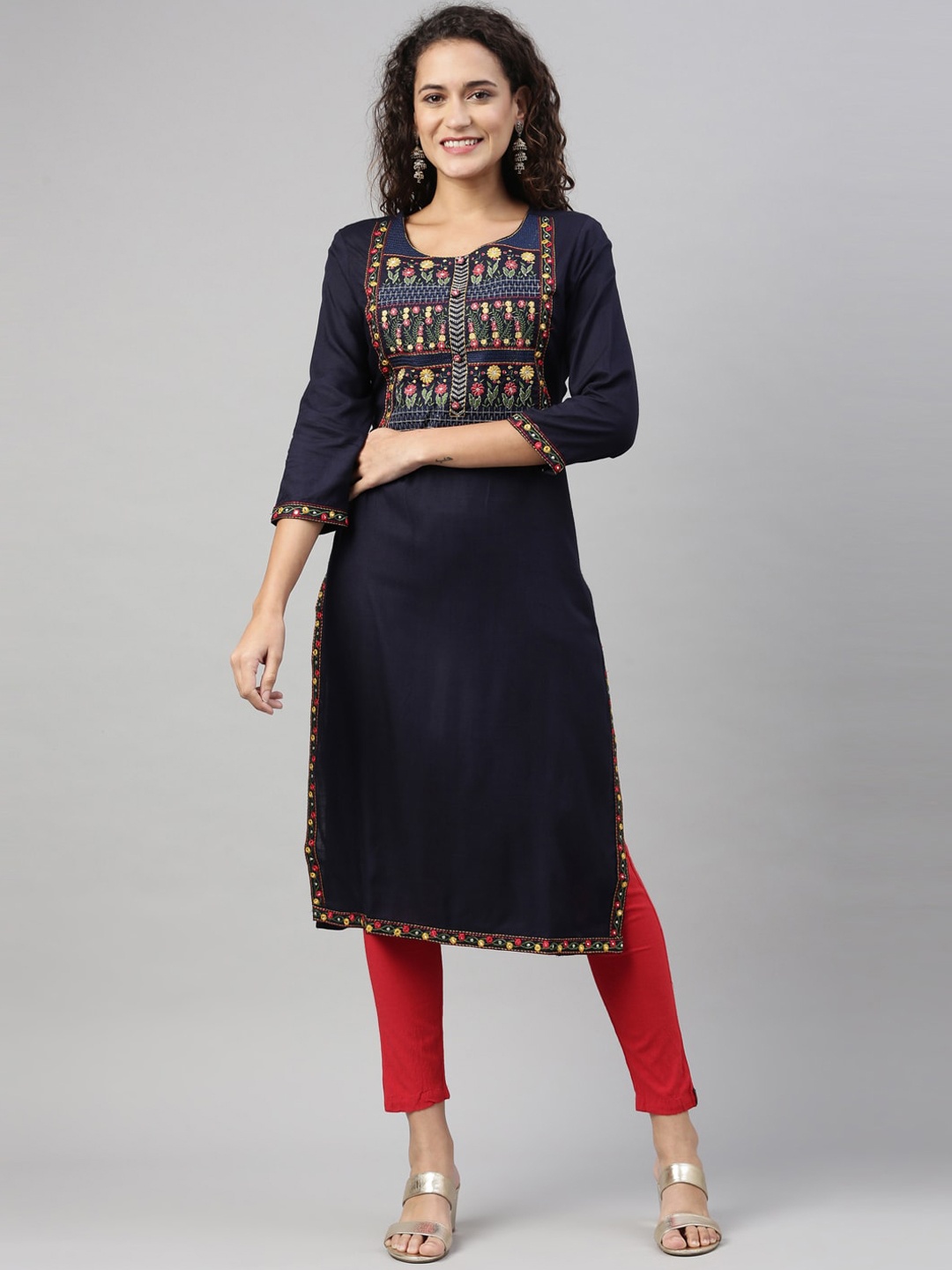 

Neerus Women Navy Blue Yoke Design Flared Sleeves Kurta