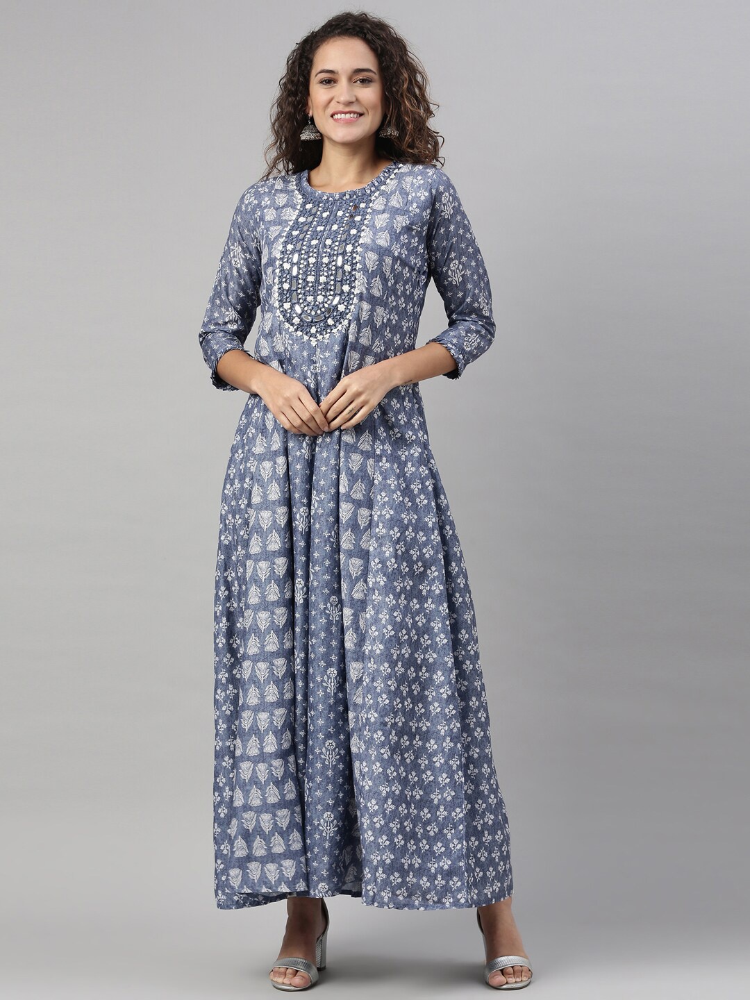 Neerus Women Grey Ethnic Motifs Printed Keyhole Neck Thread Work Anarkali Kurta