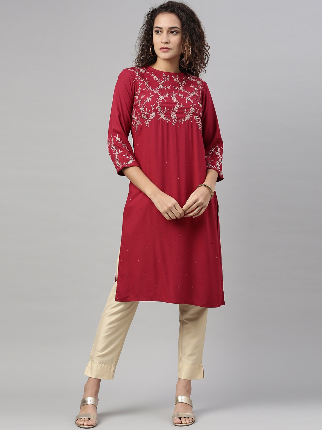

Neerus Women Maroon Ethnic Motifs Yoke Design Thread Work Kurta