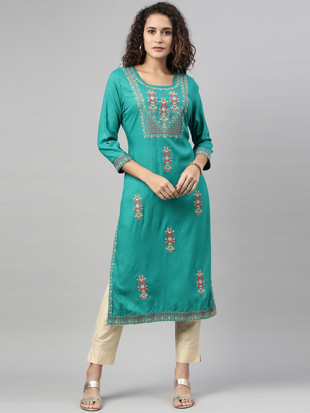 

Neerus Women Turquoise Blue & deep peacock blue Ethnic Motifs Embroidered Thread Work Kurta
