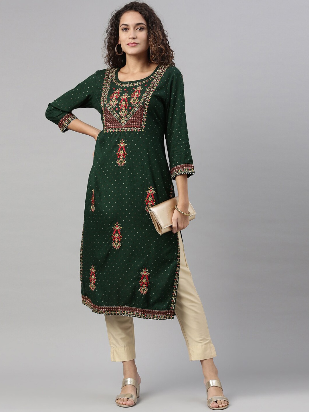

Neerus Women Olive Green Ethnic Motifs Embroidered Kurta