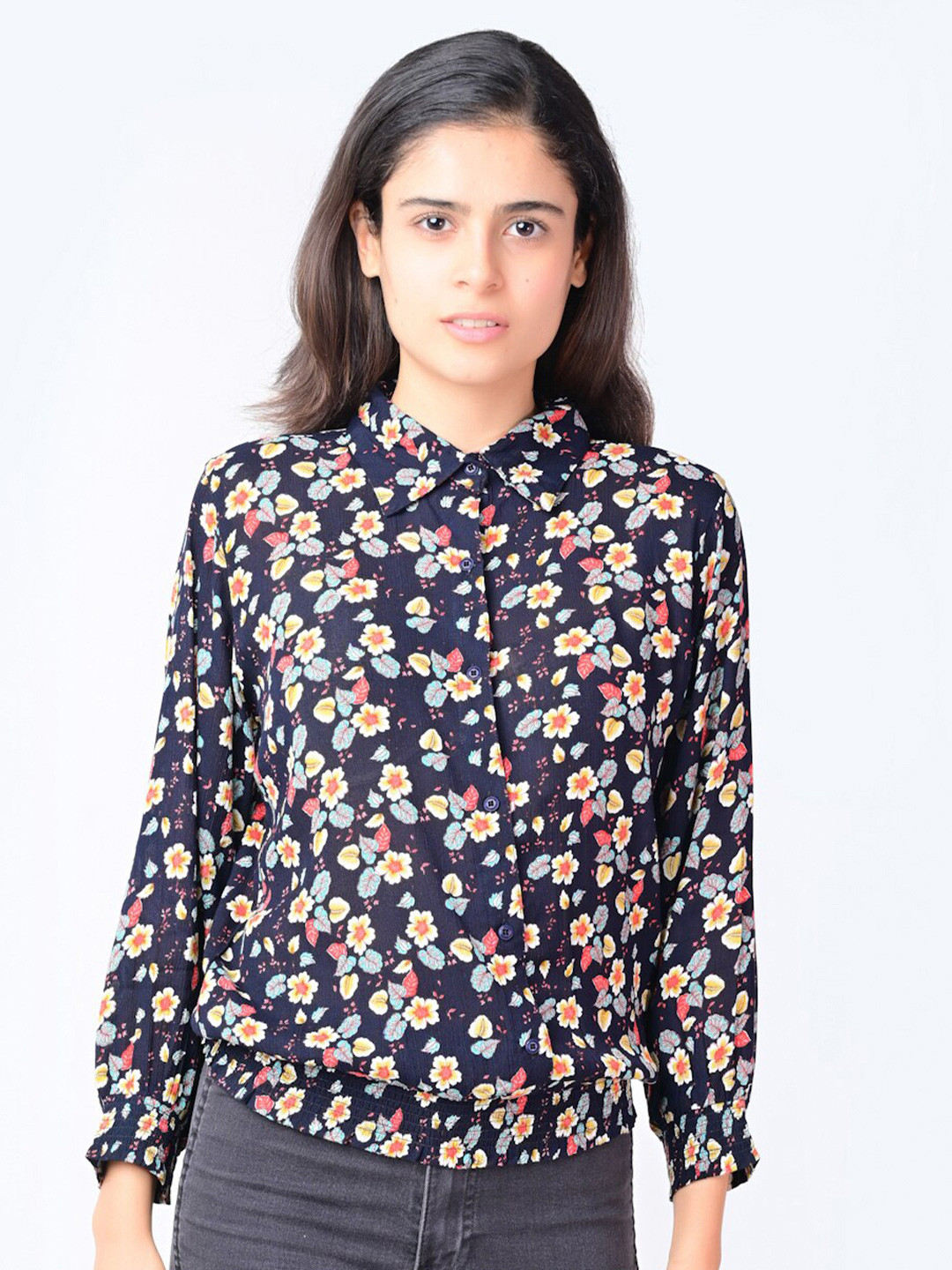 

FLAWLESS Black & Yellow Floral Print Shirt Style Top