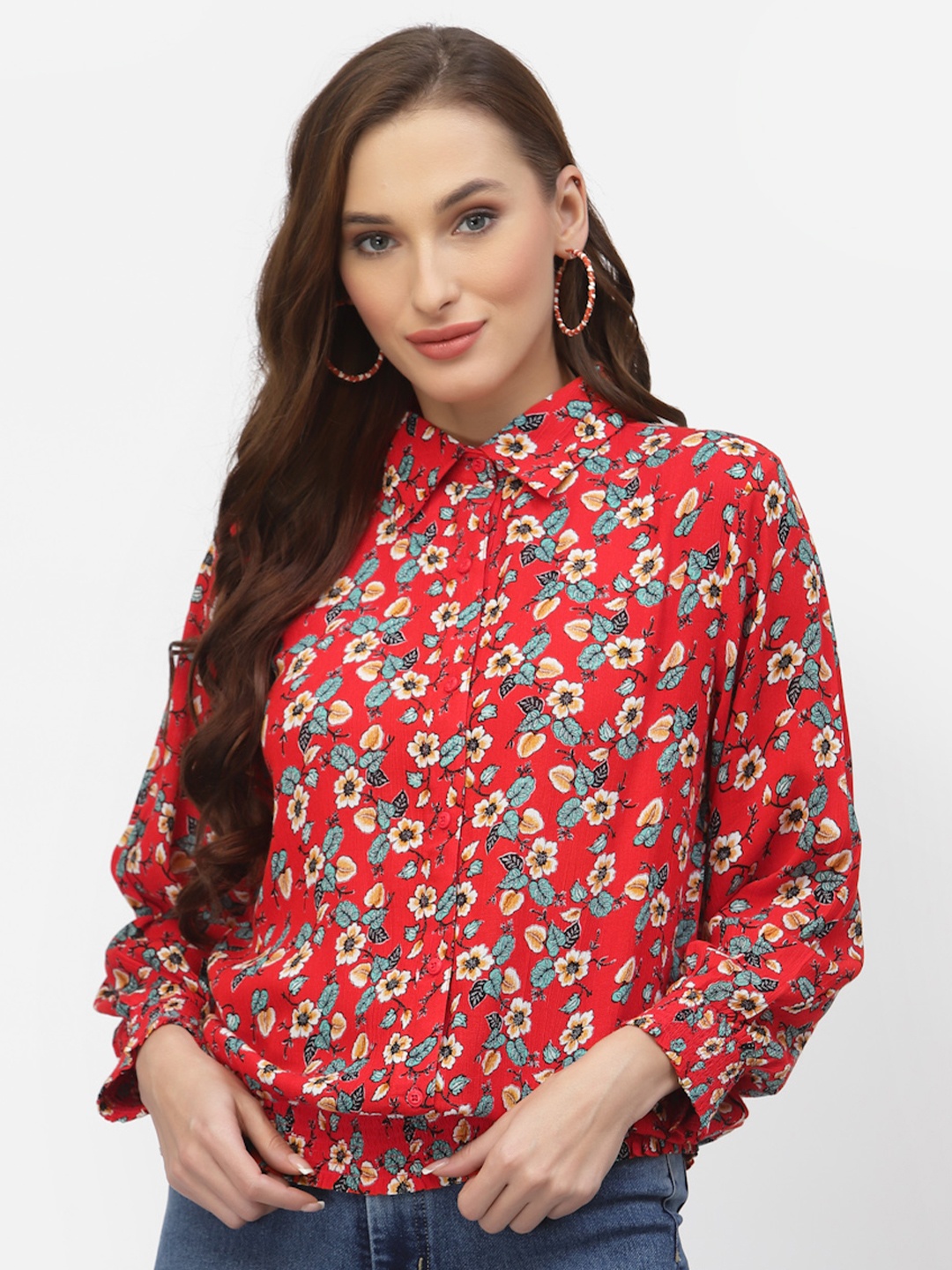 

FLAWLESS Red Floral Print Mandarin Collar Shirt Style Top