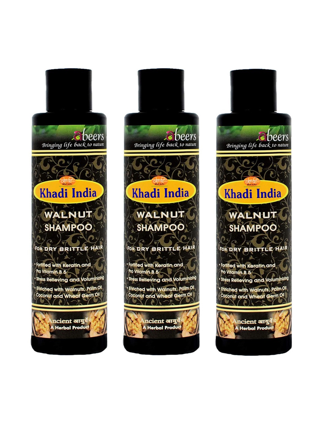 

abeers Set Of 3 Khadi Abeers Ancient Walnut Shampoo 225ml, Black