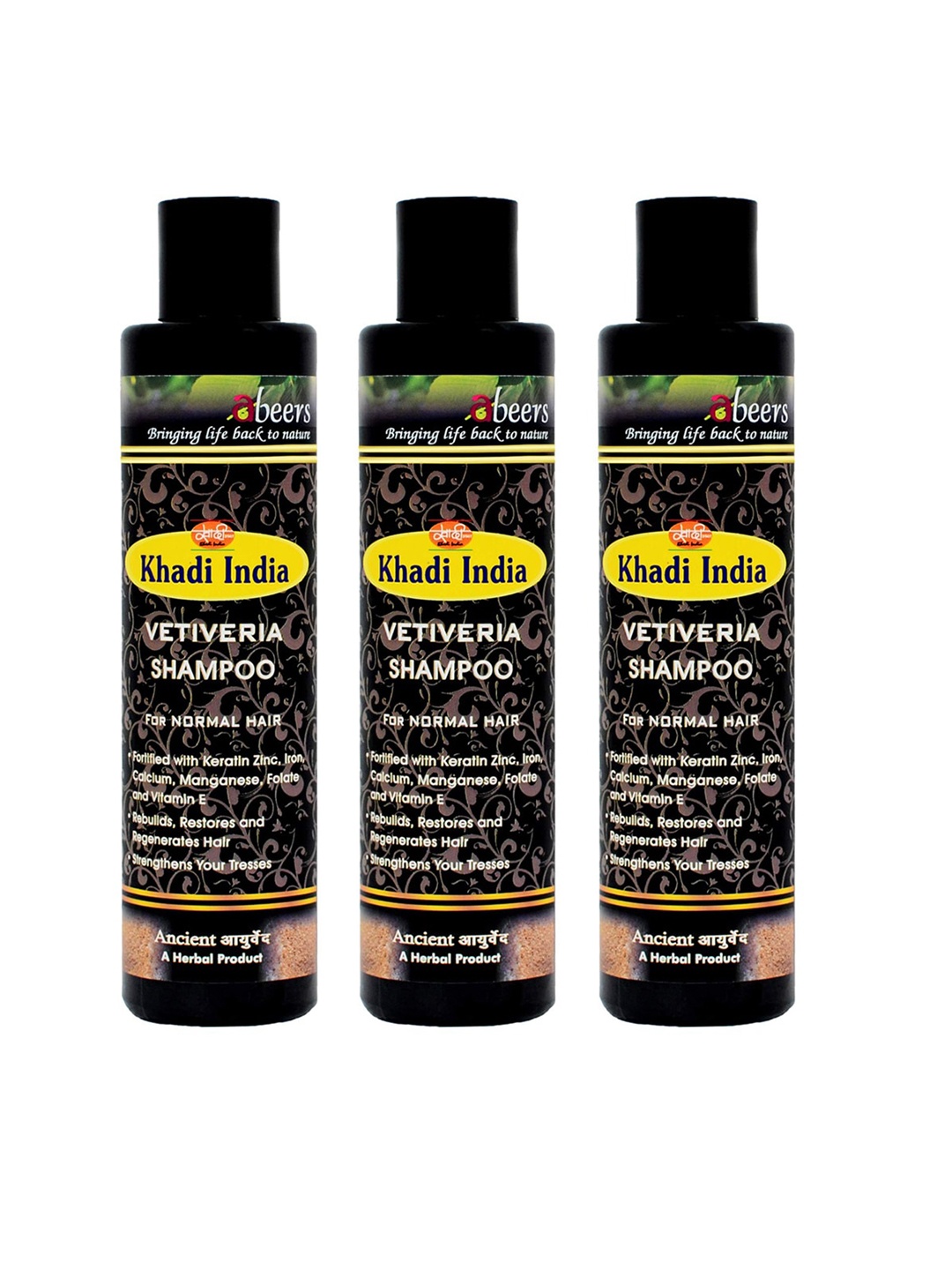 

abeers Pack of 3 Khadi Ancient Vetiveria Shampoo 225 ml, Black