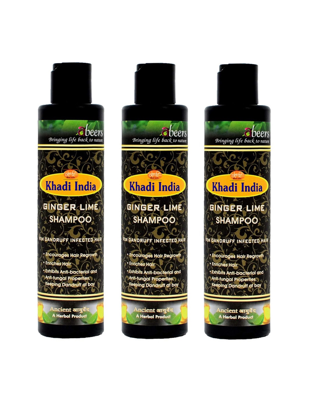 

abeers Pack of 3 Ancient Ginger Lime Shampoo For Dnadruff Infected Hair 225ml, Black