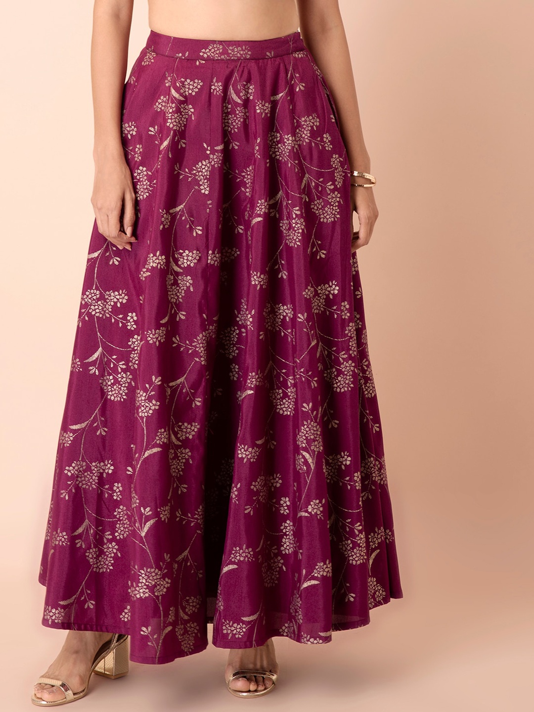 

INDYA Women Purple & Gold-Toned Foil Printed Flared Maxi Skirt