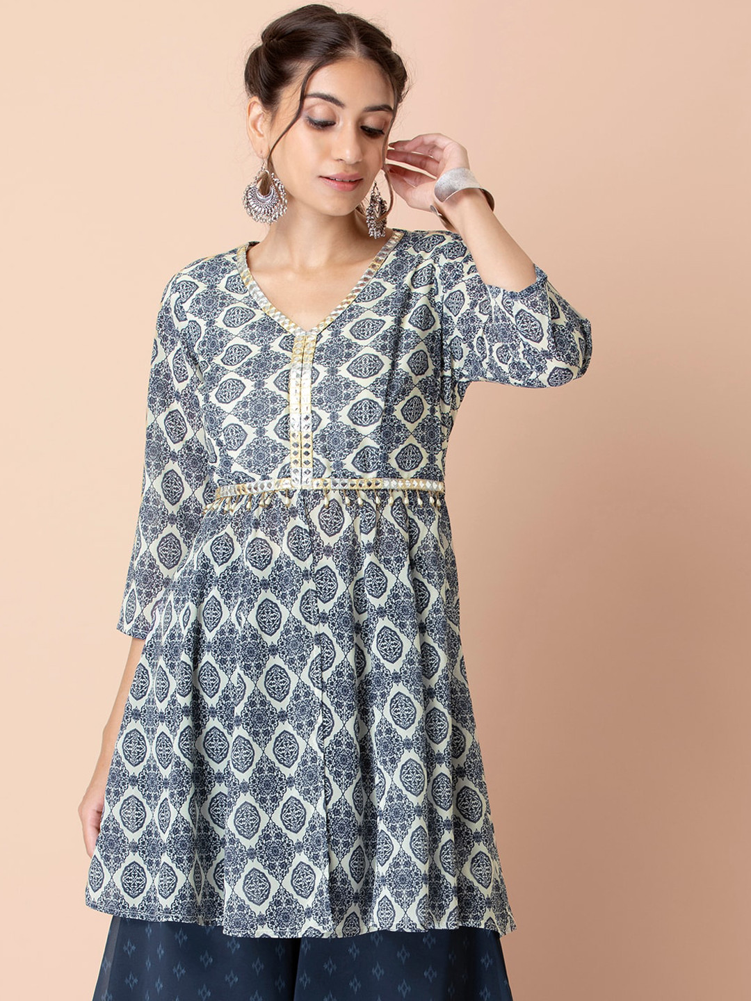

INDYA Women Navy Blue Ethnic Motifs Printed Georgette Flared Kurta