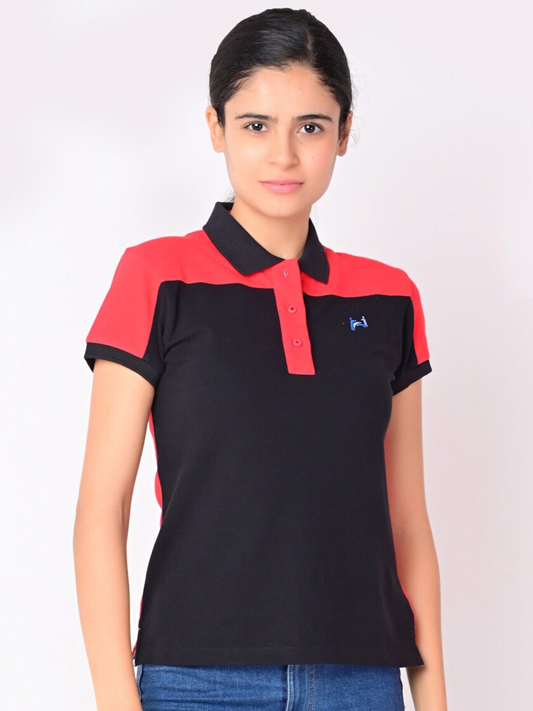

FLAWLESS Women Black & Red Colourblocked Polo Collar Cotton Sustainable T-shirt