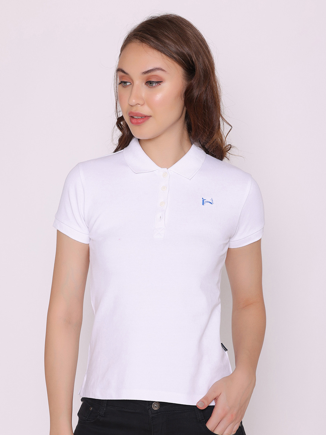 

FLAWLESS Women White Polo Collar Cotton Sustainable T-shirt