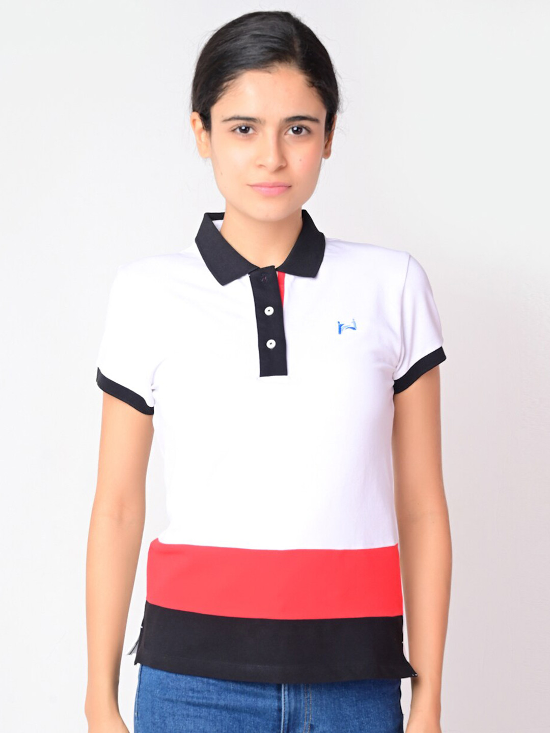 

FLAWLESS Women White Colourblocked Polo Collar Sustainable T-shirt