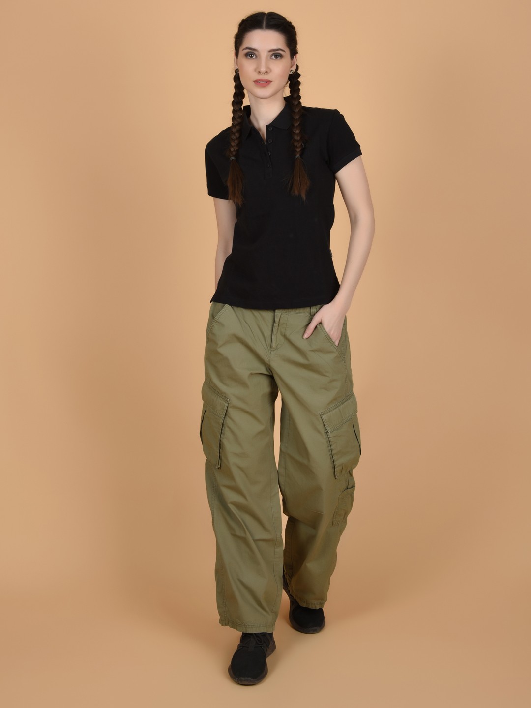 

FLAWLESS Women Black Polo Collar Sustainable T-shirt